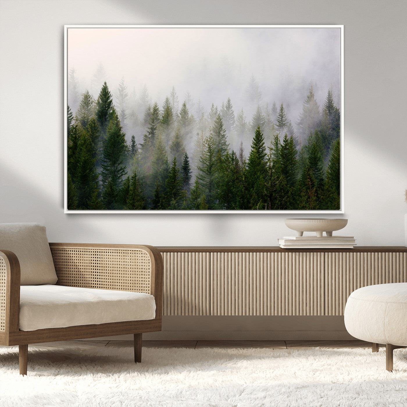 MGV-FC-36X24 - Misty Pine Forest Wall Art Canvas Print | 3 Panel Green Woodland Canvas Print for Living Room, Office, or Dining Room | Nature Foggy Forest Decor
