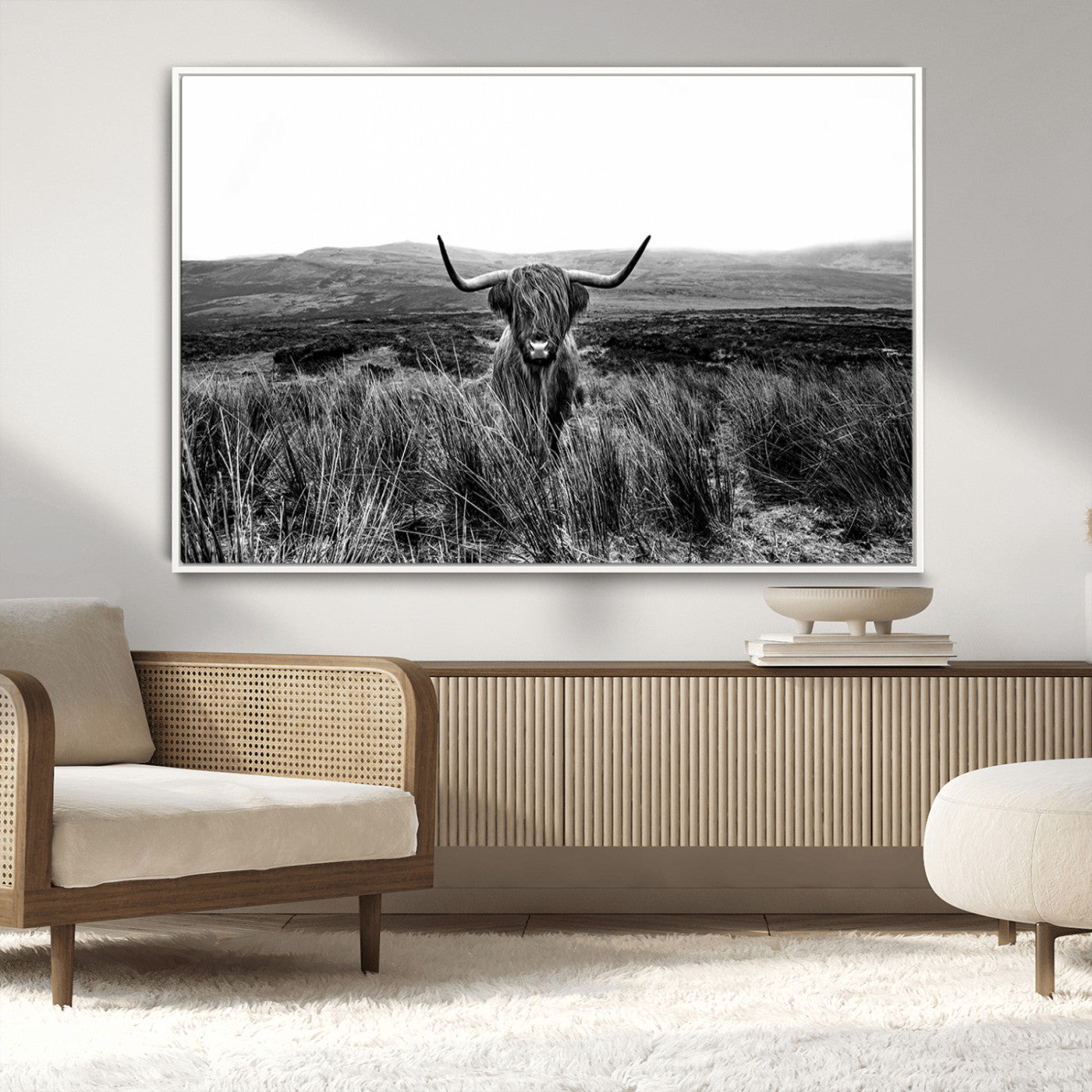MGV-FC-36X24 - Black and White Highland Cow Canvas Wall Art, Longhorn Triptych Western Wall Decor for Cabin -