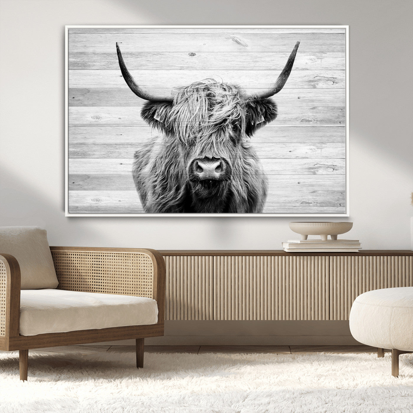 MGV-FC-36X24 - Scottish Highland Cow Cattle Art Print on Wood Background Style