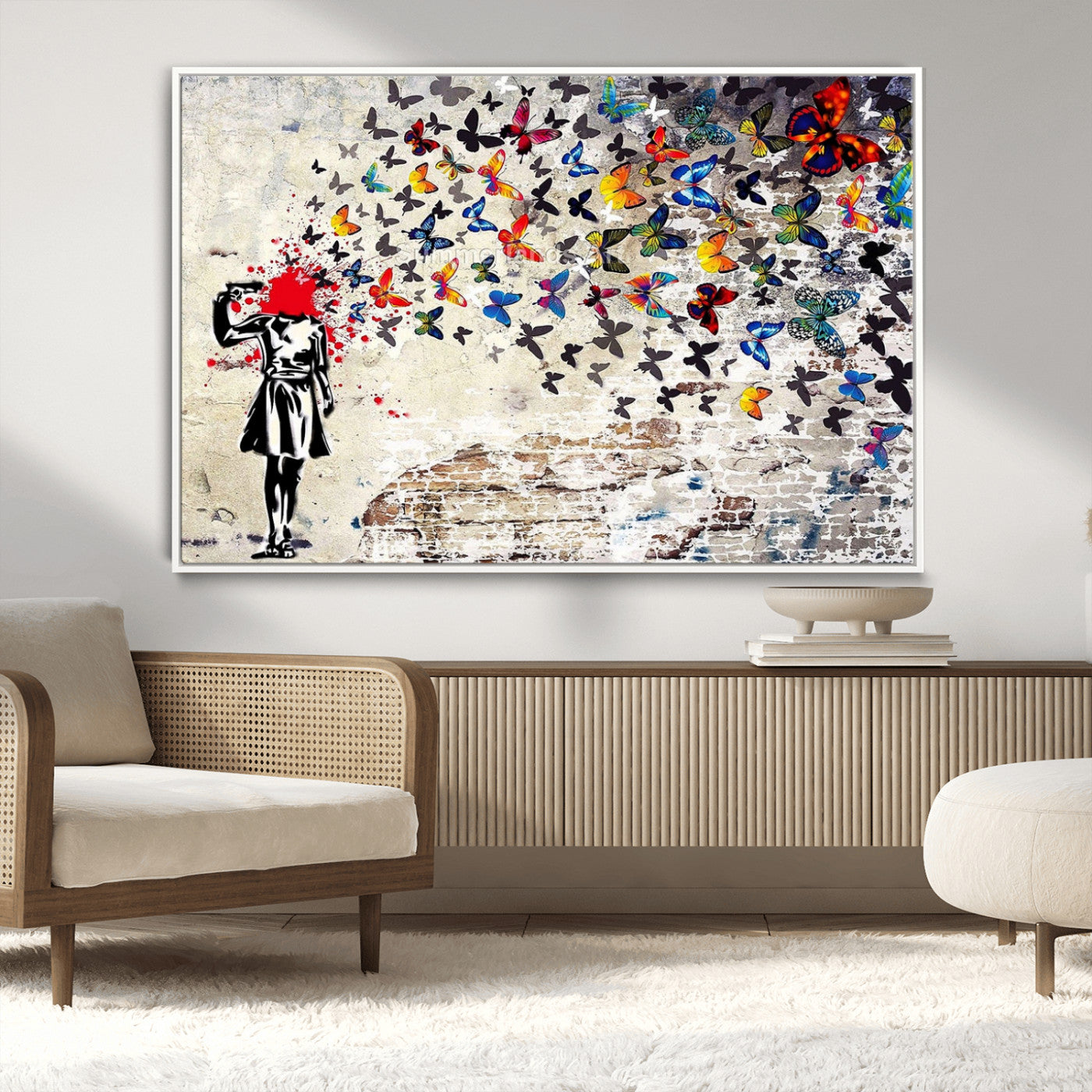 MGV-FC-36X24 - Banksy Art Butterfly Girl Explosion Canvas Art – Vibrant Urban Graffiti for Modern Interiors - Ready to Hang