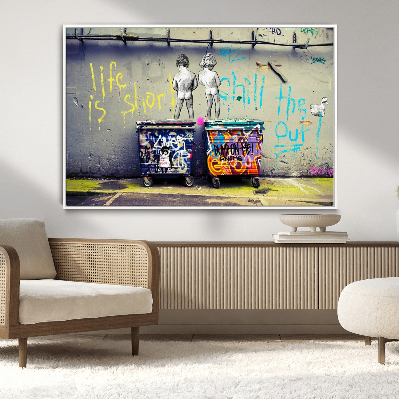 MGV-FC-36X24 - Banksy Life is Short Wall Art - Iconic Graffiti Art on Framed Ready-to-Hang Canvas - Street Art Inspired Decor