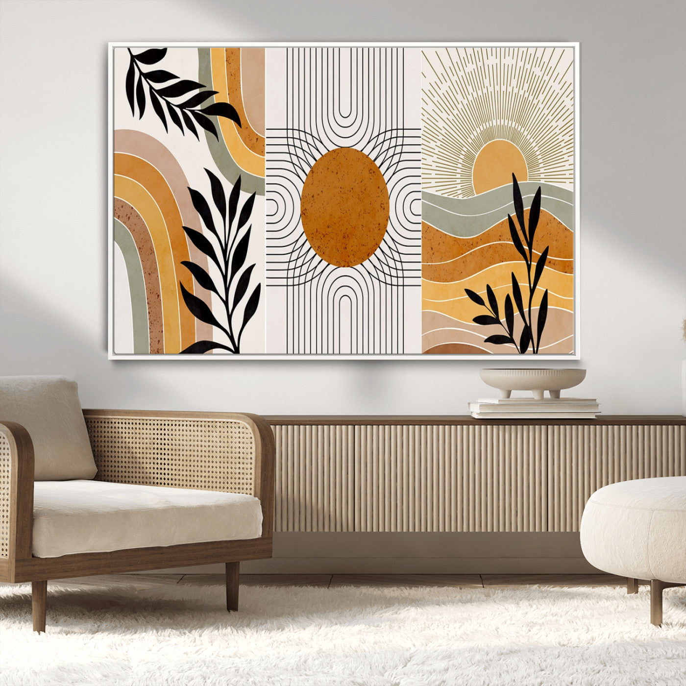 MGV-FC-36X24 - Modern Boho Sun and Leaf Abstract Art – 3-Panel Giclée Canvas for Mid-Century Modern or Bohemian