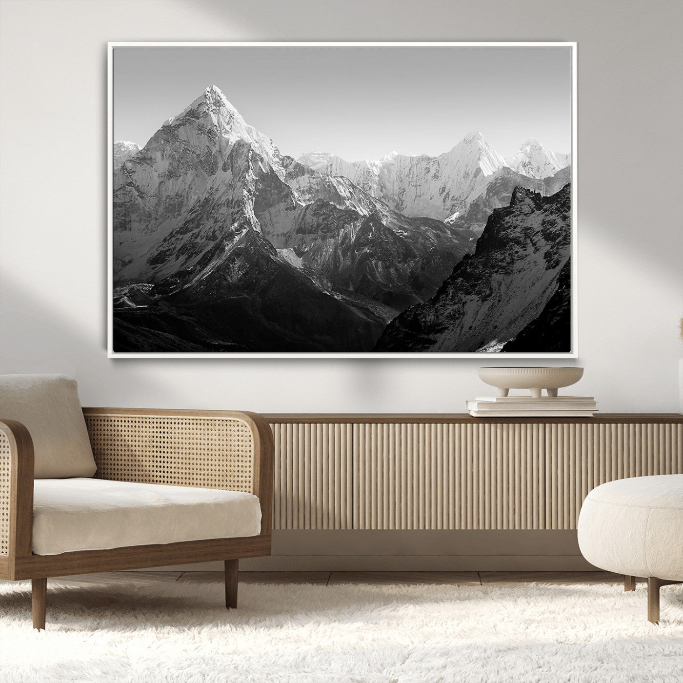 MGV-FC-36X24 - Everest Himalaya Mountain Peaks Black & White Triptych Canvas Art – Mountain Wall Decor for Minimalist Interiors