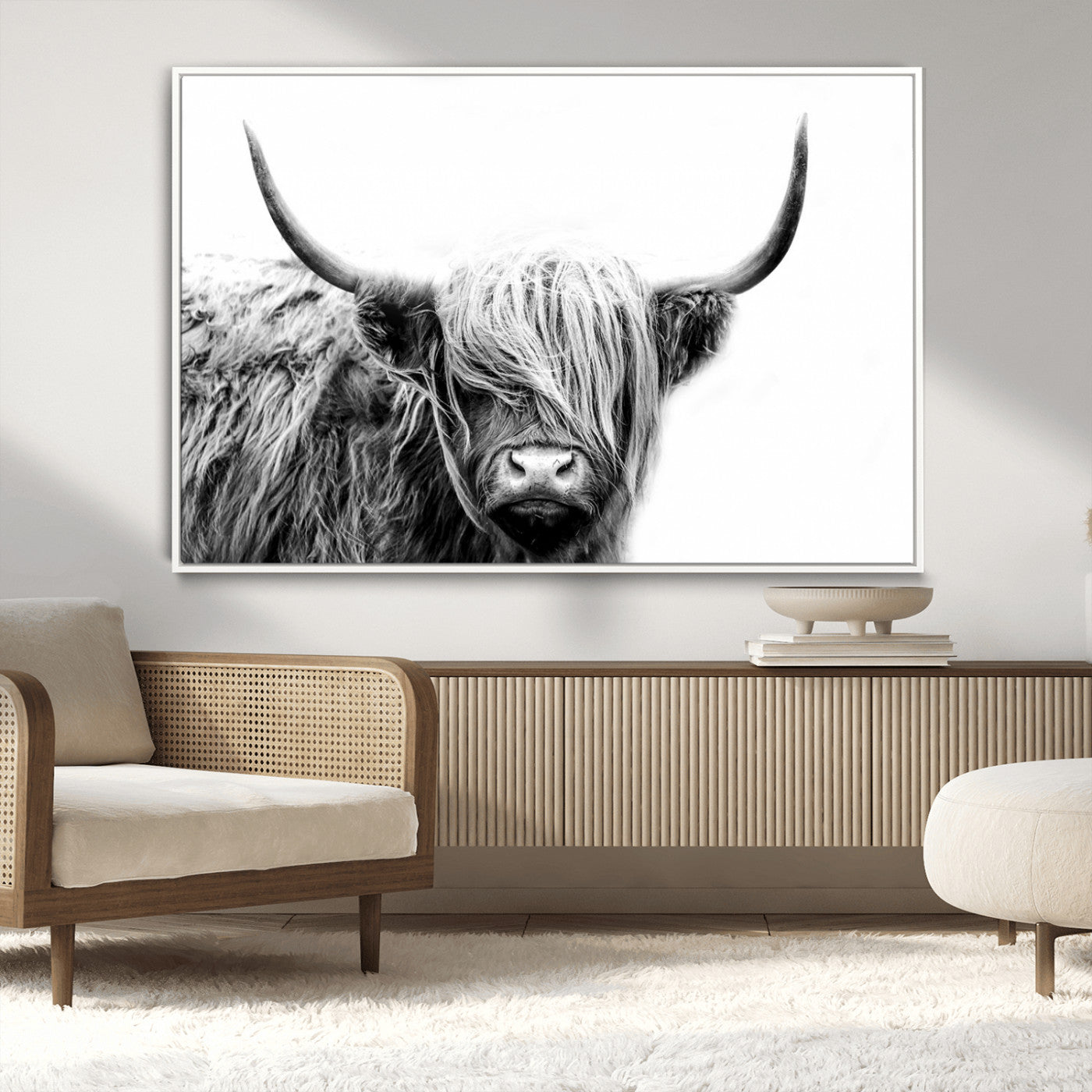 MGV-FC-36X24 - Black White Scottish Highland Cow Cattle Art Print Farmhouse Wall Art Canvas Print