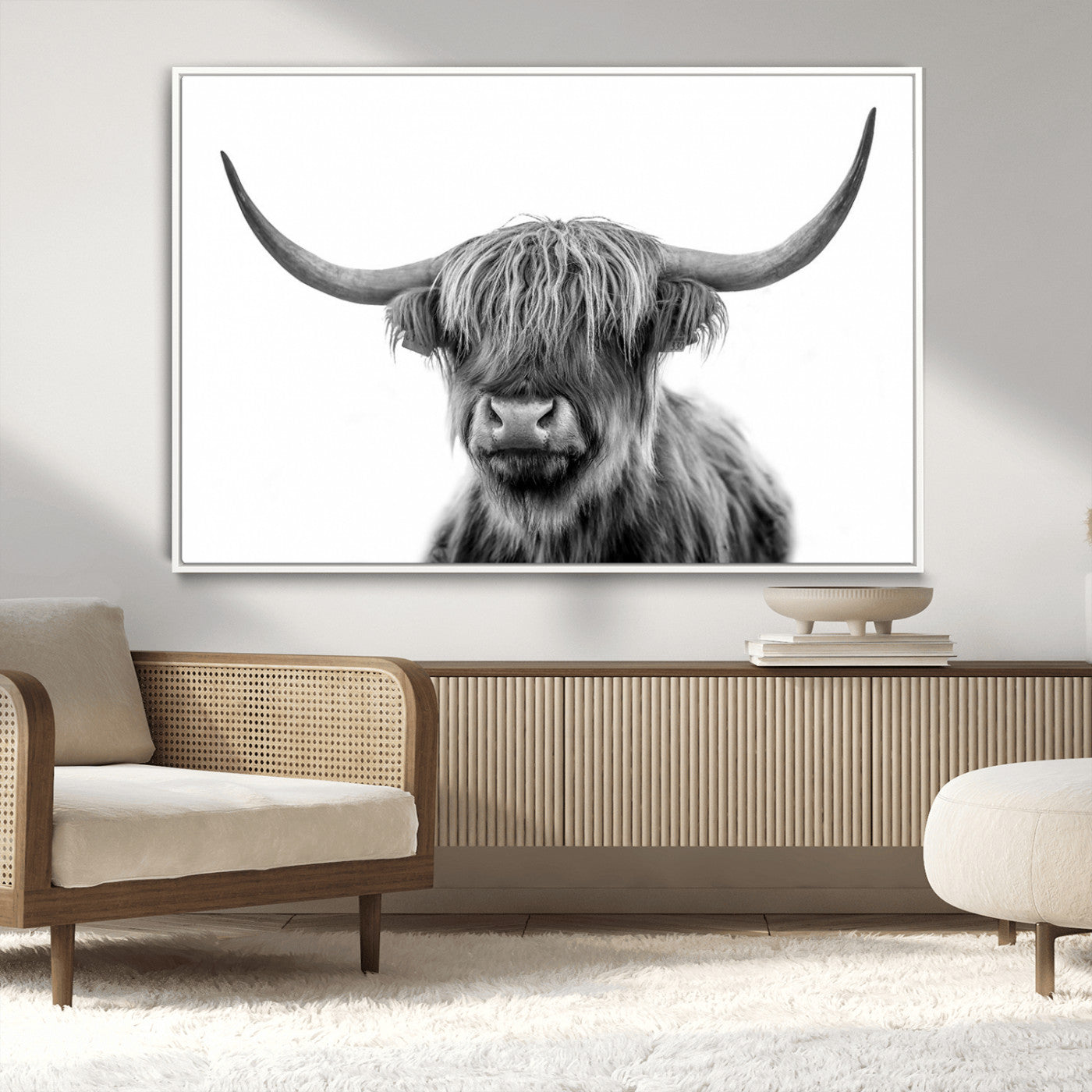 MGV-FC-36X24 - Grayscale Scottish Highland Cow Cattle Art Print Farmhouse Wall Art Canvas Print