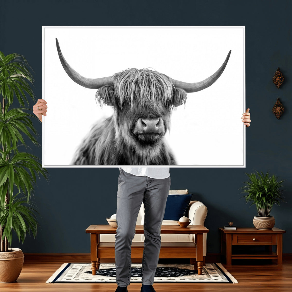 75503-_Poster-30x20 - Scottish Highland Cow Cattle Art Print Wall Art Canvas Print for Farmhouse Decor, Framed Scottish