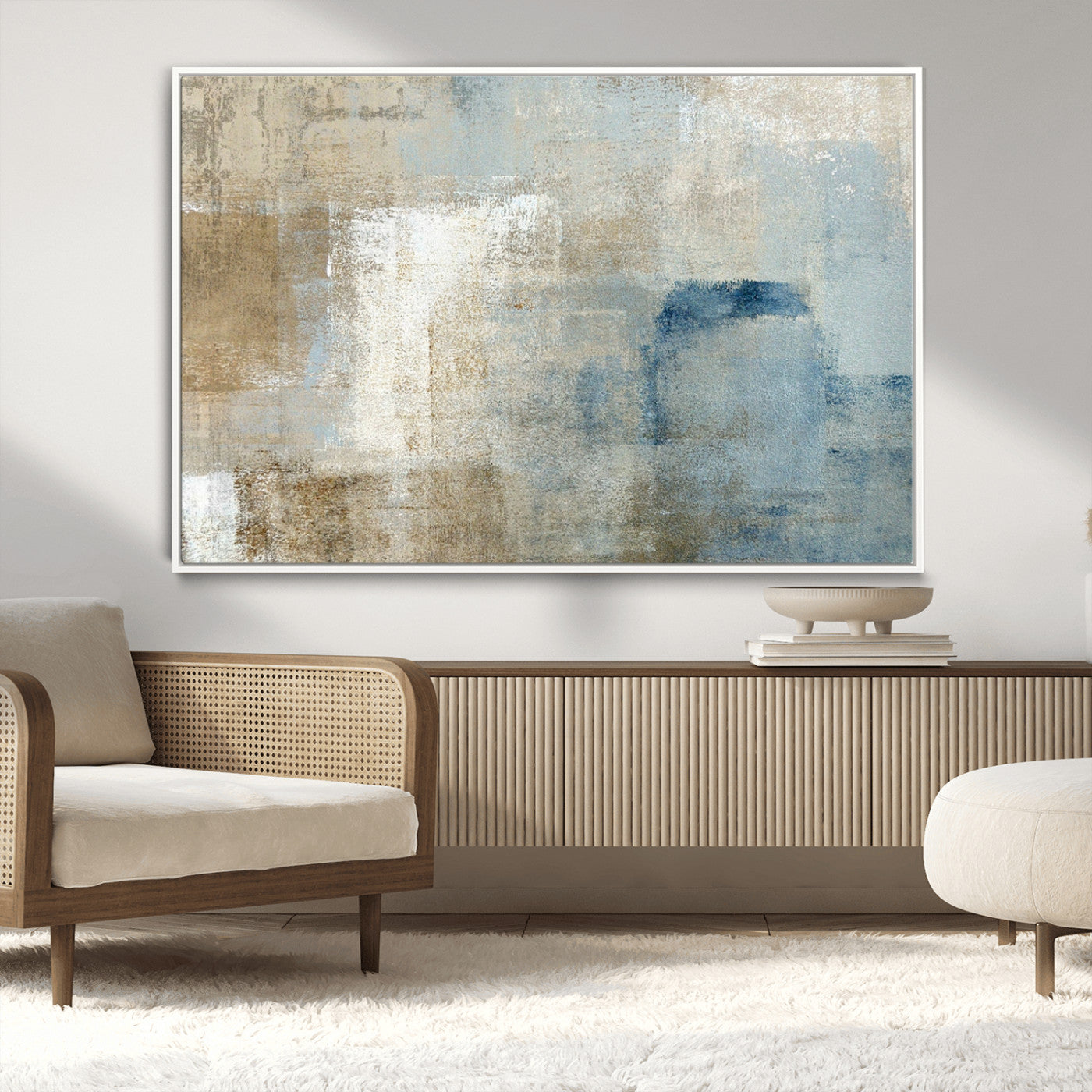 MGV-FC-36X24 - Abstract Blue and Beige Wall Art, Modern Minimalist Canvas Print Set, Giclee Textured Art, Large Multi-Panel Artwork for Living Room