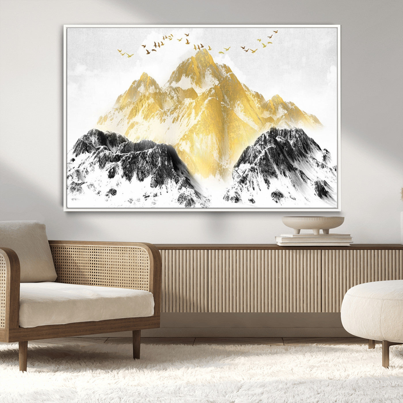 MGV-FC-36X24 - Golden Mountain Triptych Wall Art, Modern Giclee Canvas Print, Nature Landscape Decor for Living Room, Contemporary Gold and Black Wall Art