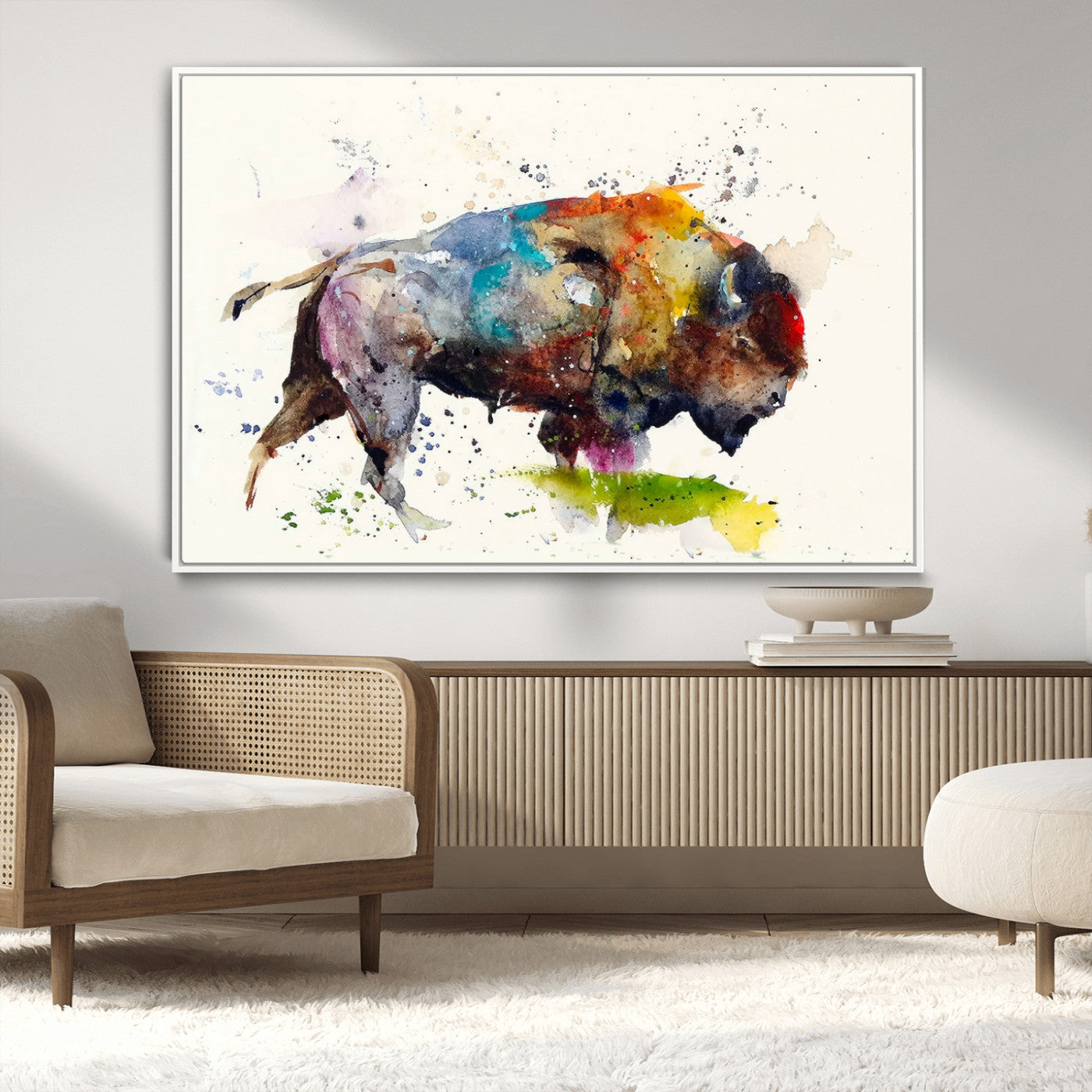 MGV-FC-36X24 - Abstract Buffalo Wall Art, Western Watercolor Bison Canvas Print, Rustic Buffalo Art for Cowboy and Western Decor, Large Multi-Panel Giclee Canvas