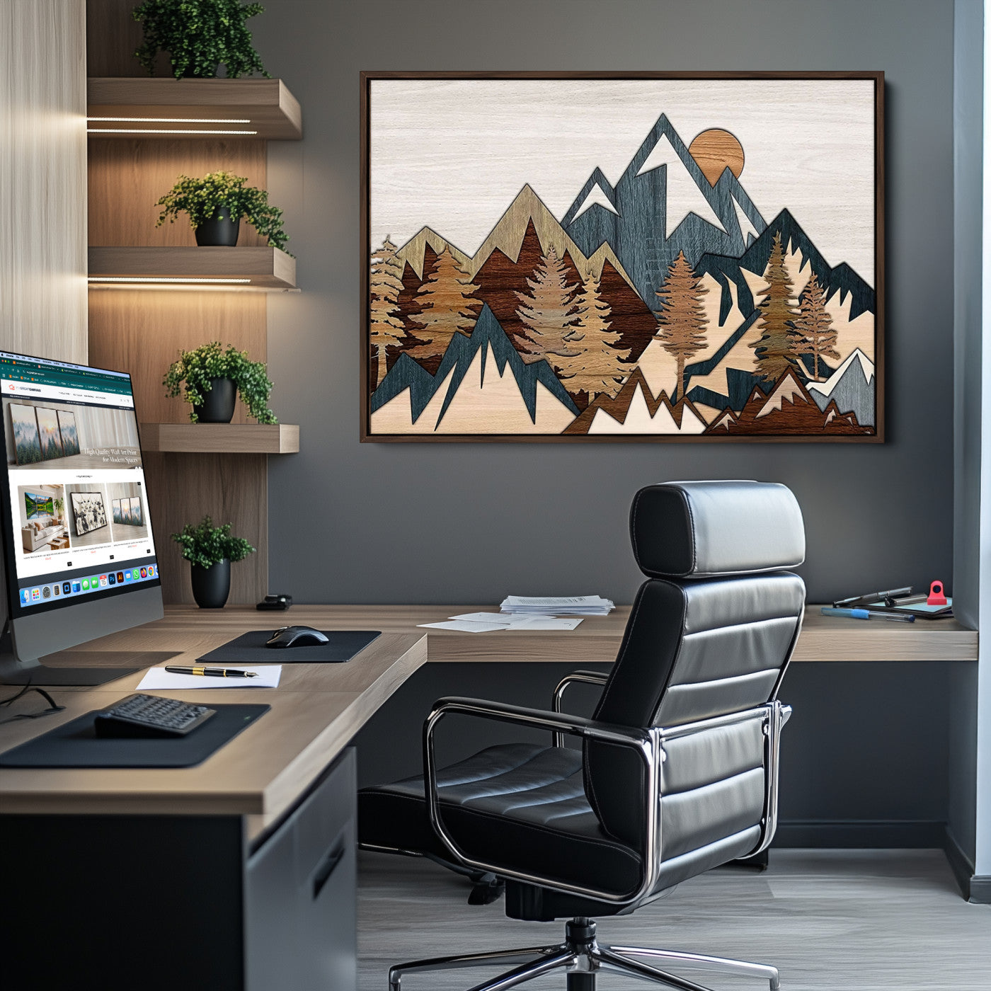 67950-MGV-CV-36X24-Rustic Abstract Wood Panel Effect Canvas Mountain Range Top Wood Wall Art Canvas Print