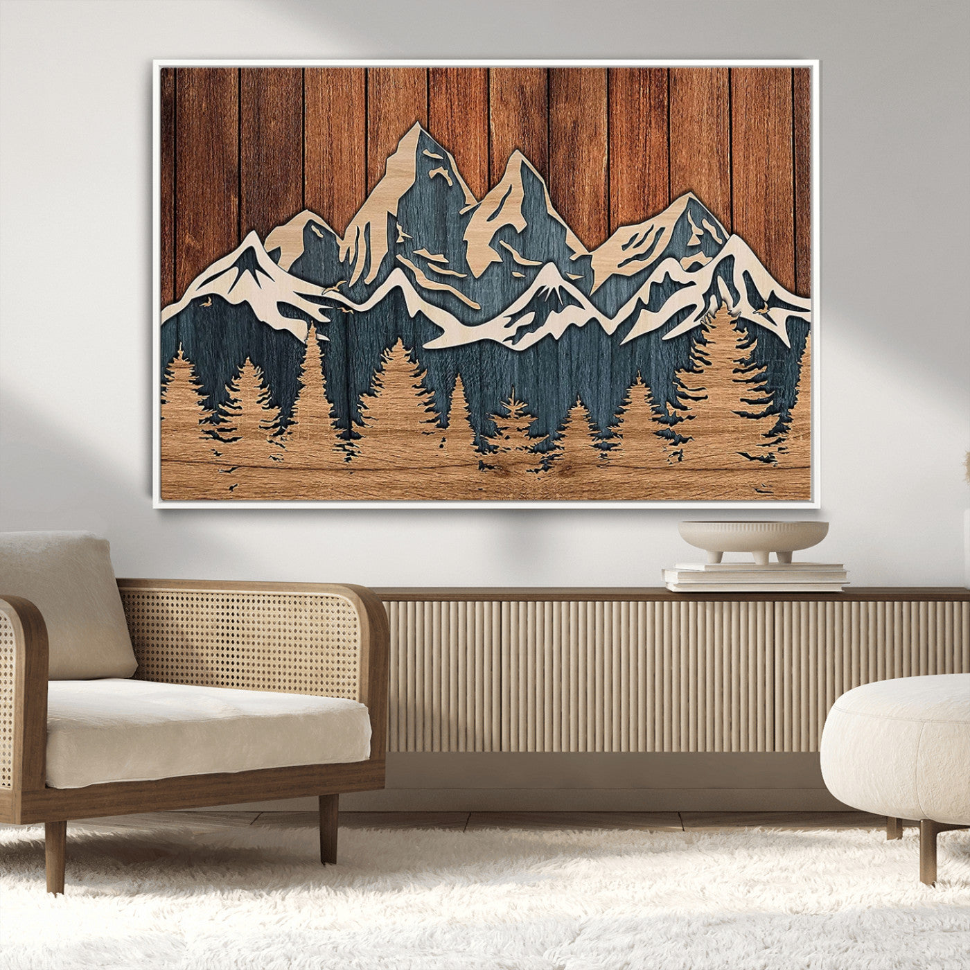 MGV-FC-36X24 - Rustic Wood Style Mountain Wall Art, Nature Forest Canvas Print, Wooden Textured Mountain Artwork, Handcrafted Landscape Decor for Farmhouse Decor