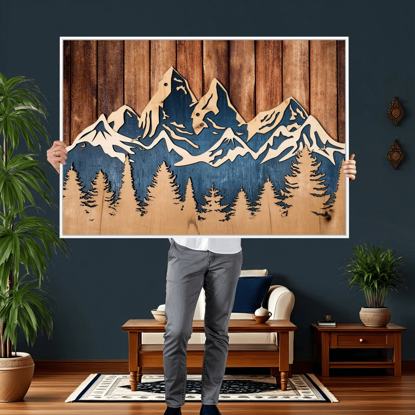 41330-MGV-CV-36X24 - Rustic Wood Style Mountain Wall Art, Nature Forest Canvas Print, Wooden Textured Mountain Artwork Print