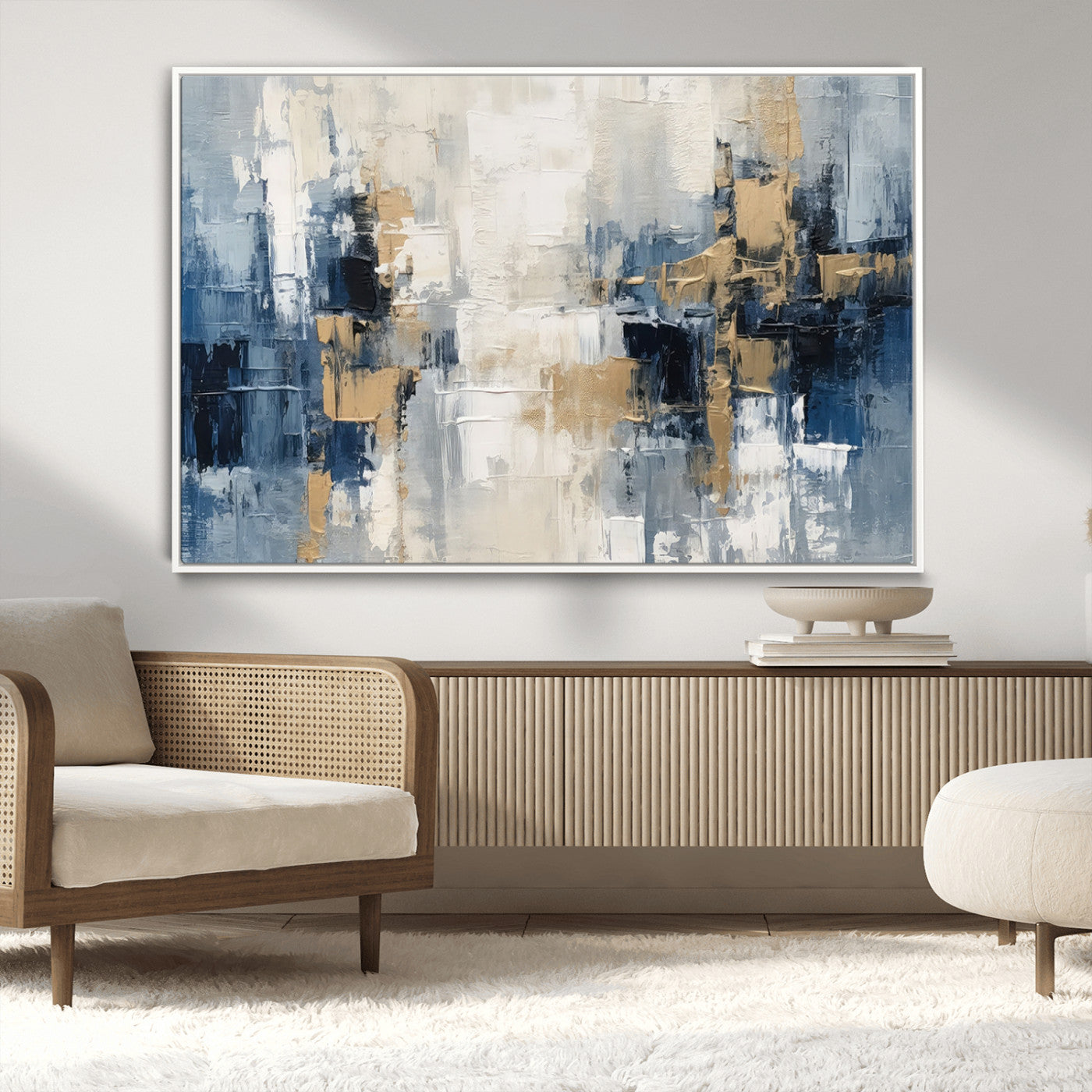 -Modern Abstract Canvas Wall Art in Blue and Gold Tones | Large Contemporary Art for Living Room,