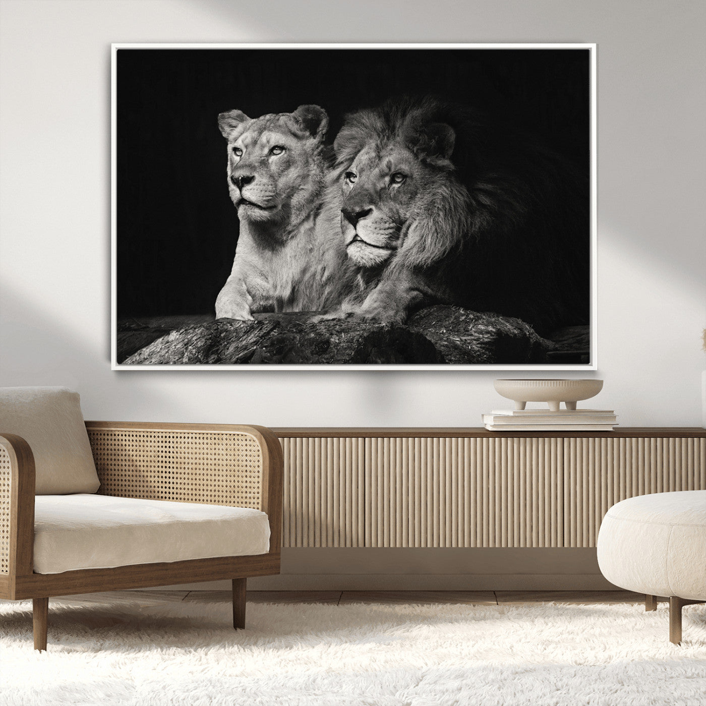 MGV-FC-36X24 - Lion Couple Canvas Wall Art Print – Elegant Wildlife Portrait in Black and White Lion Family – Ready to Hang