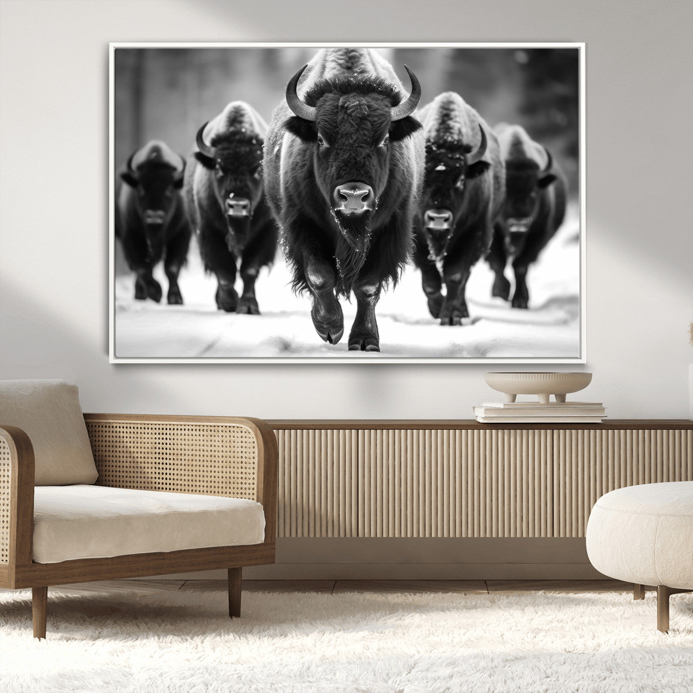 MGV-FC-36X24 - American Bison Art | Buffalo Herd Wall Art Canvas Print, BW American Bison Herd Wall Art Canvas Print