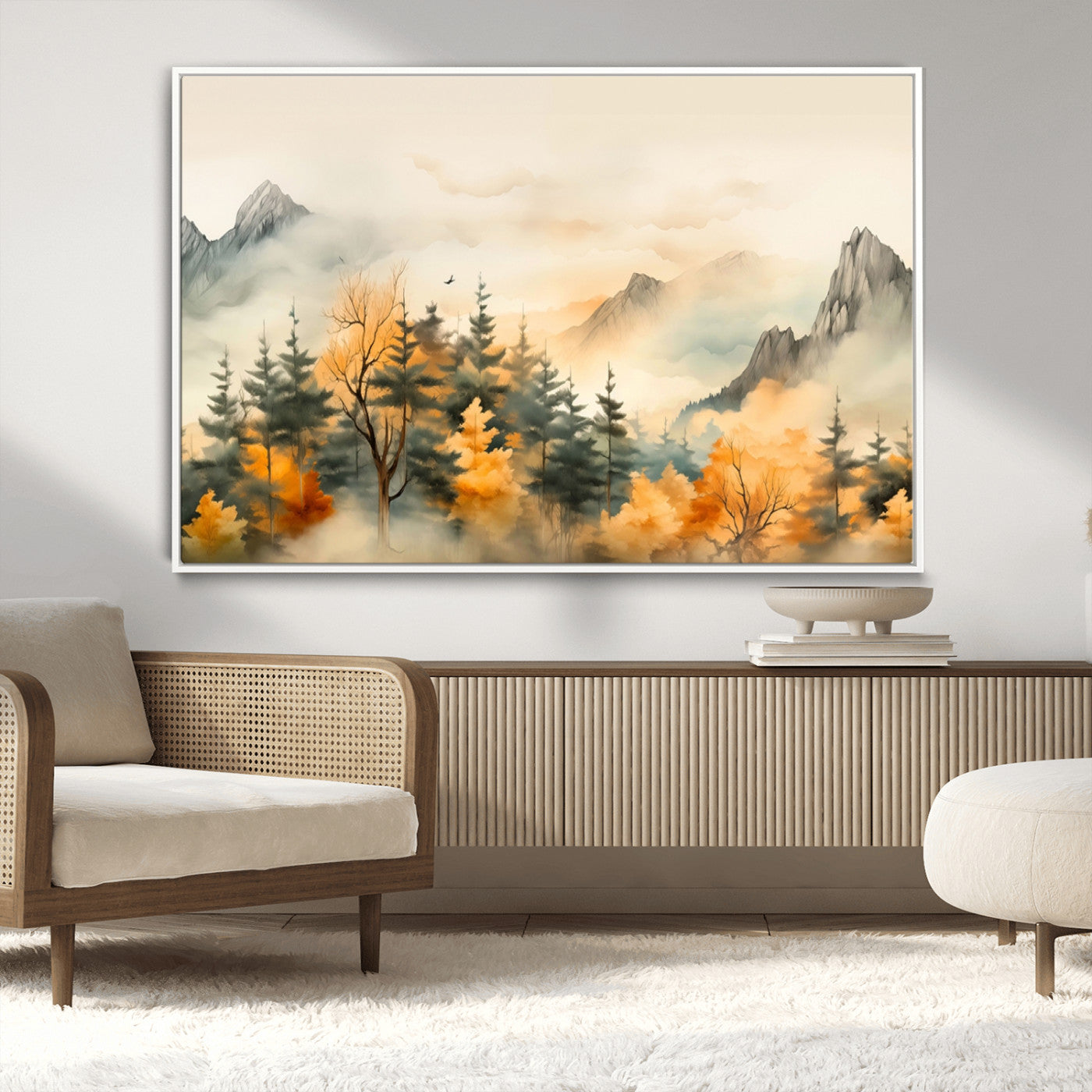MGV-FC-36X24 - Abstract Watercolor Mountains and Trees Autumn Art, Watercolor Mountains and Trees Canvas Print
