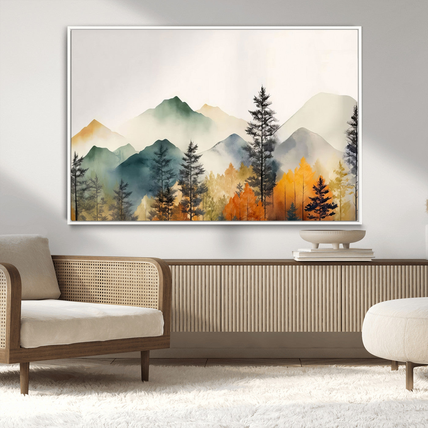 MGV-FC-36X24 - Abstract Watercolor Mountains and Trees Autumn Wall Art, Mountains and Trees Autumn Wall Art Canvas