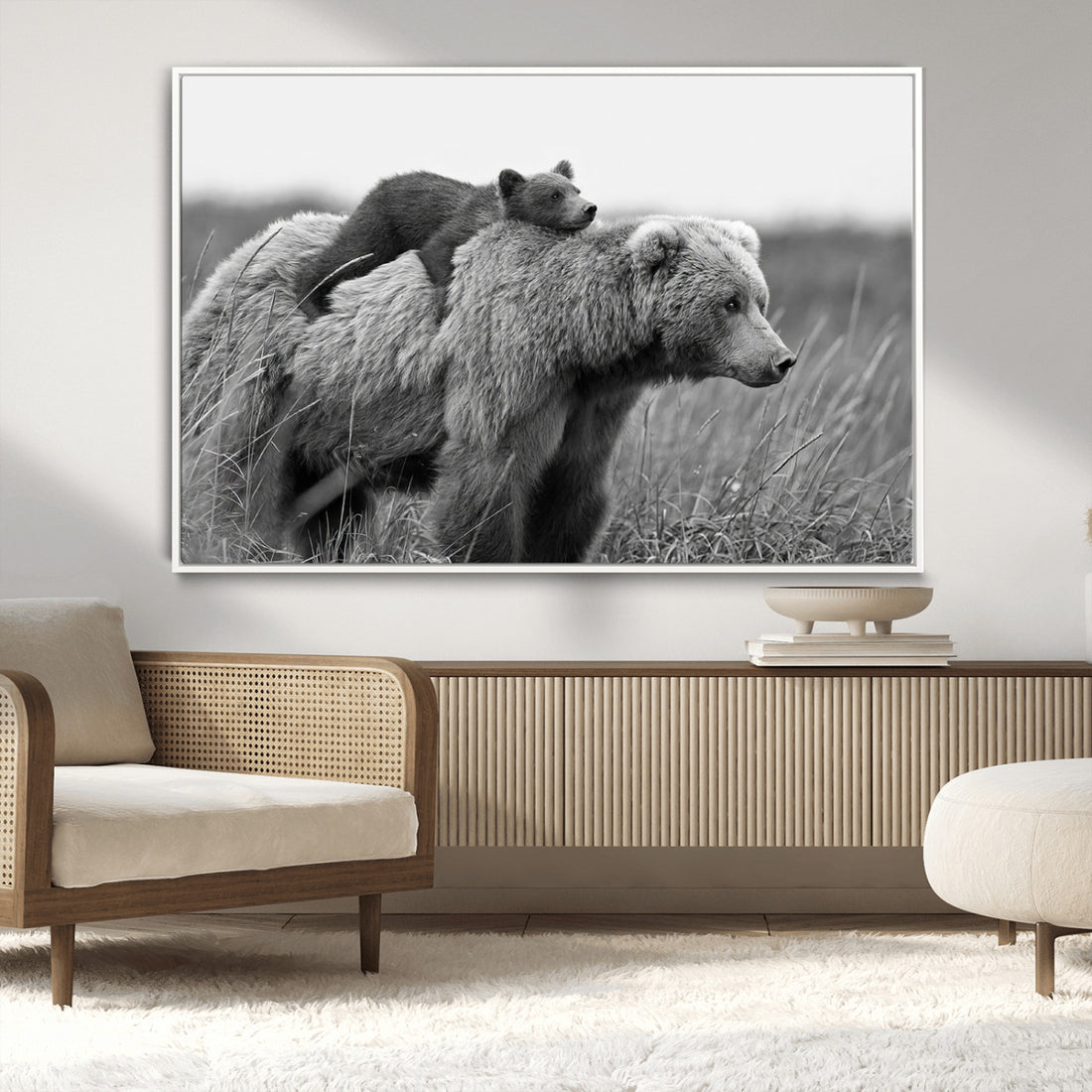 Bear and Cub Wall Art Canvas | Grizzly 399 Bear and Cub Black and White Wildlife Print