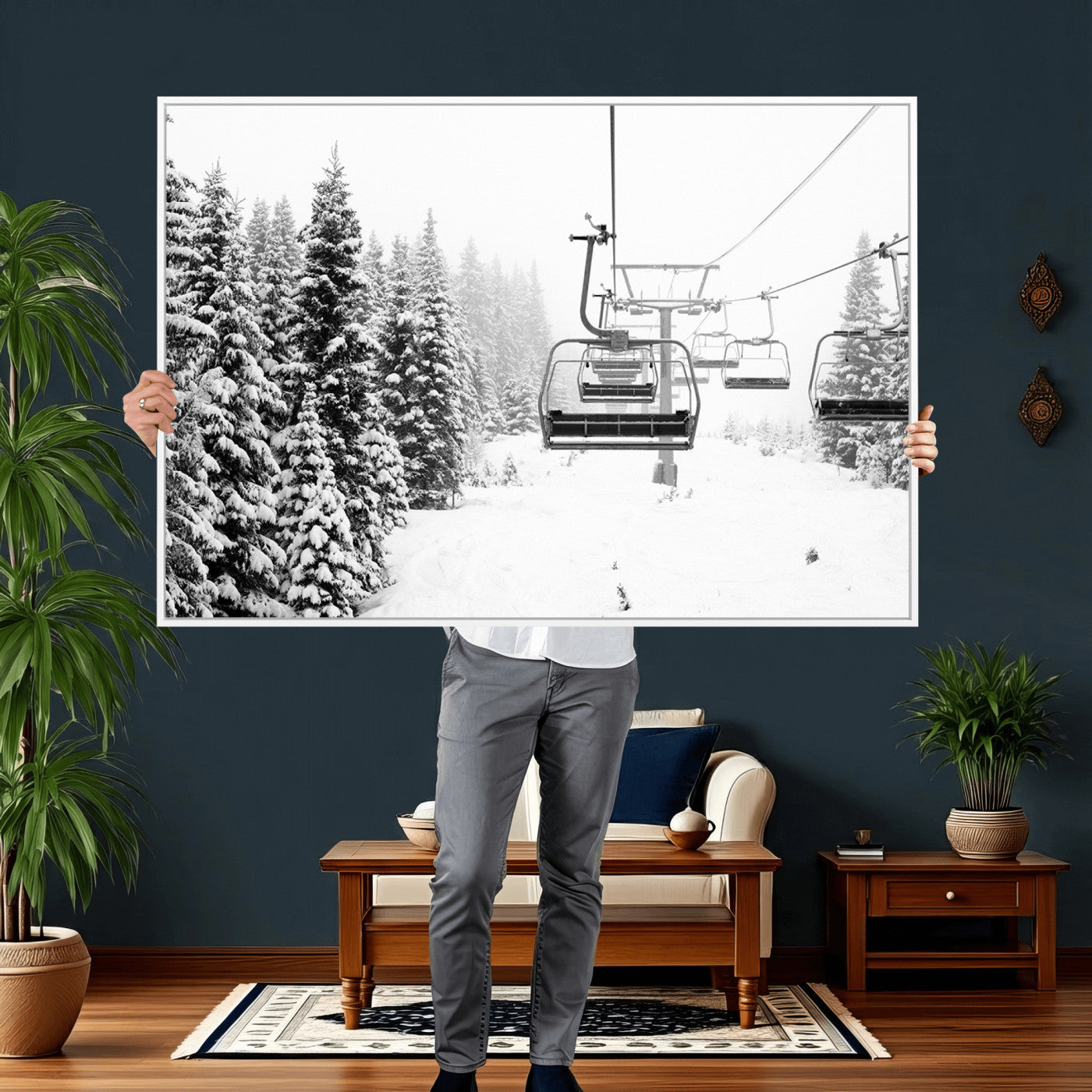 70609-MGV-CV-36X24 - Winter Forest Wall Art Canvas Print, Framed Snowy Forest Art Picture Print, Winter Ski Lift Perfect