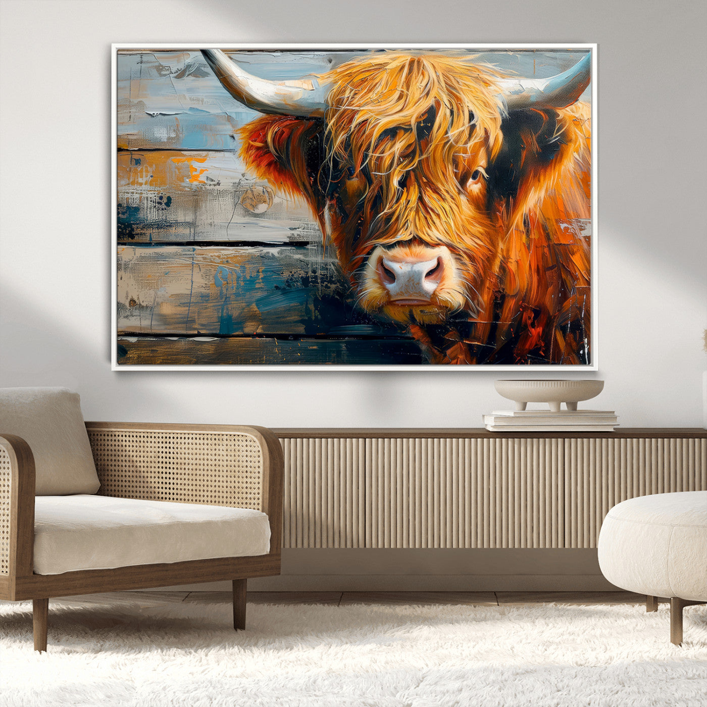-Highland Cow Abstract Canvas Wall Art – Bold Farmhouse Rustic Decor – Ready to Hang