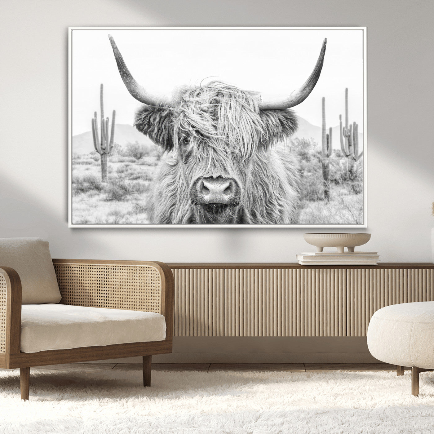 -Rustic Charm | Cow Longhorn Black White Bighorn Wall Art Canvas Print | Farmhouse Wall Art