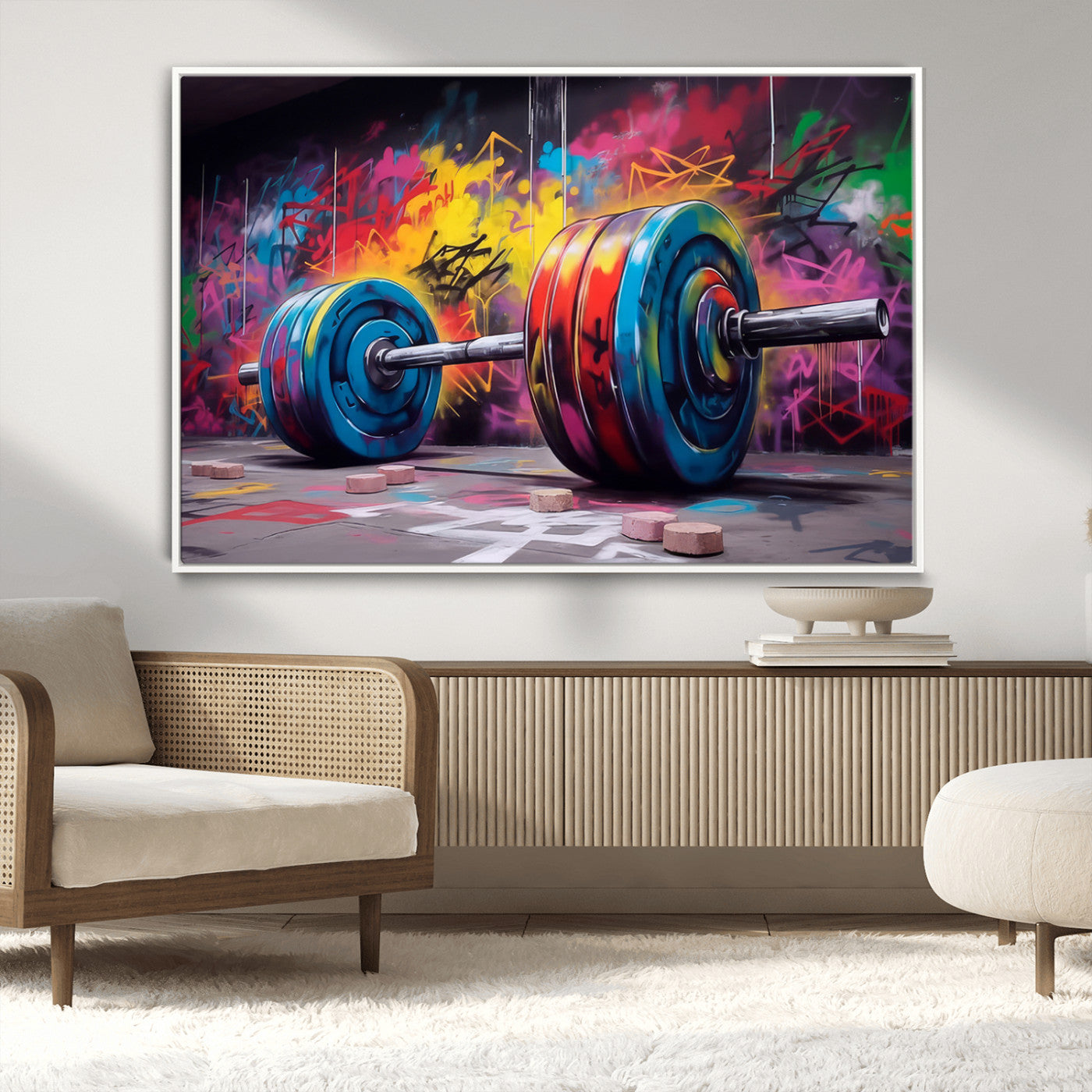 MGV-FC-36X24 - Abstract Graffiti Barbell Canvas Wall Art – Urban Fitness Meets Bold Street Art Print - Gym Wall Art Print