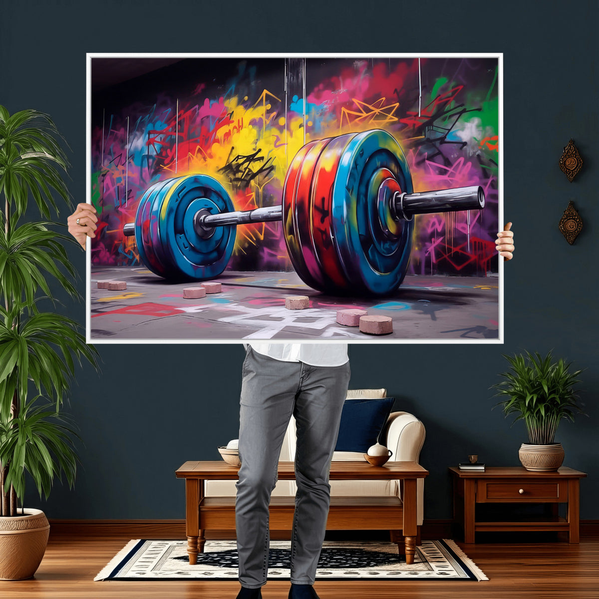 13549-MGV-CV-36X24 - Abstract Graffiti Barbell Canvas Wall Art | Urban Fitness Meets Bold Street Art