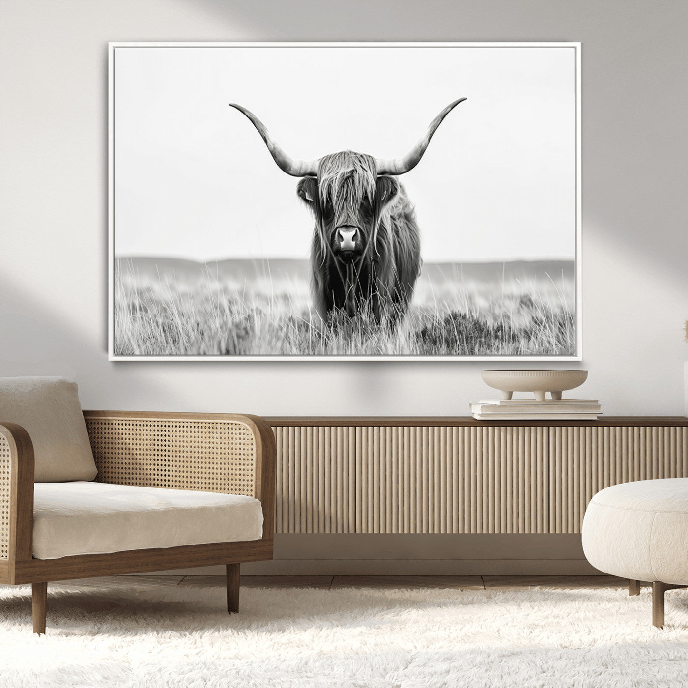 MGV-FC-36X24 - Highland Cow Canvas Wall Art – Majestic Beauty in Black and White – Ready to Hang