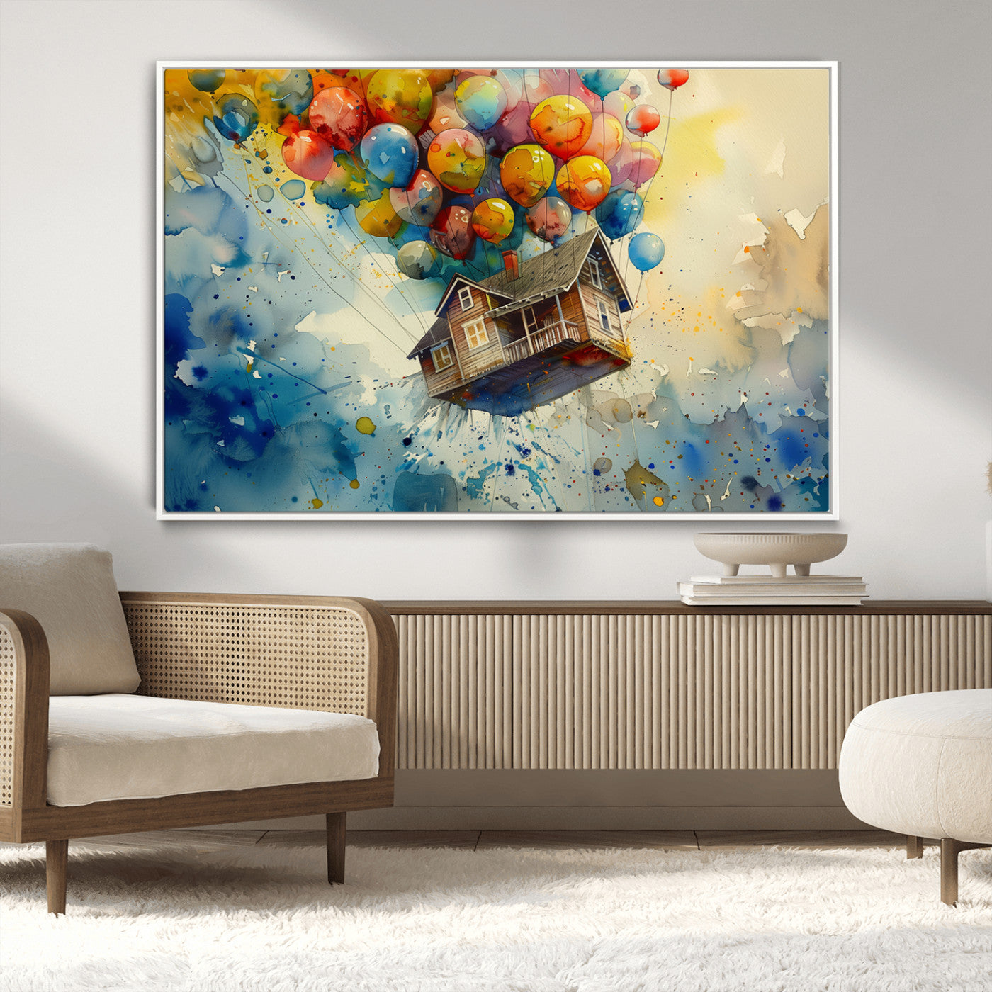 MGV-FC-36X24 - UP-Inspired Floating House with Balloons Canvas Art – Colorful 3-Panel Wall Decor for Living Room,