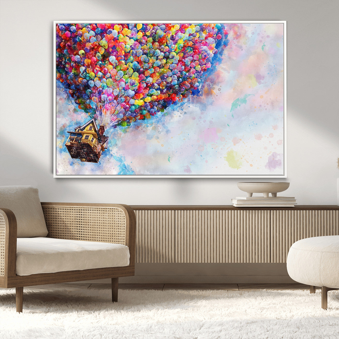 MGV-FC-36X24 - Don't Look Up Movie Canvas Wall Art - Vibrant Floating House and Balloons Scene, Tribute to Iconic