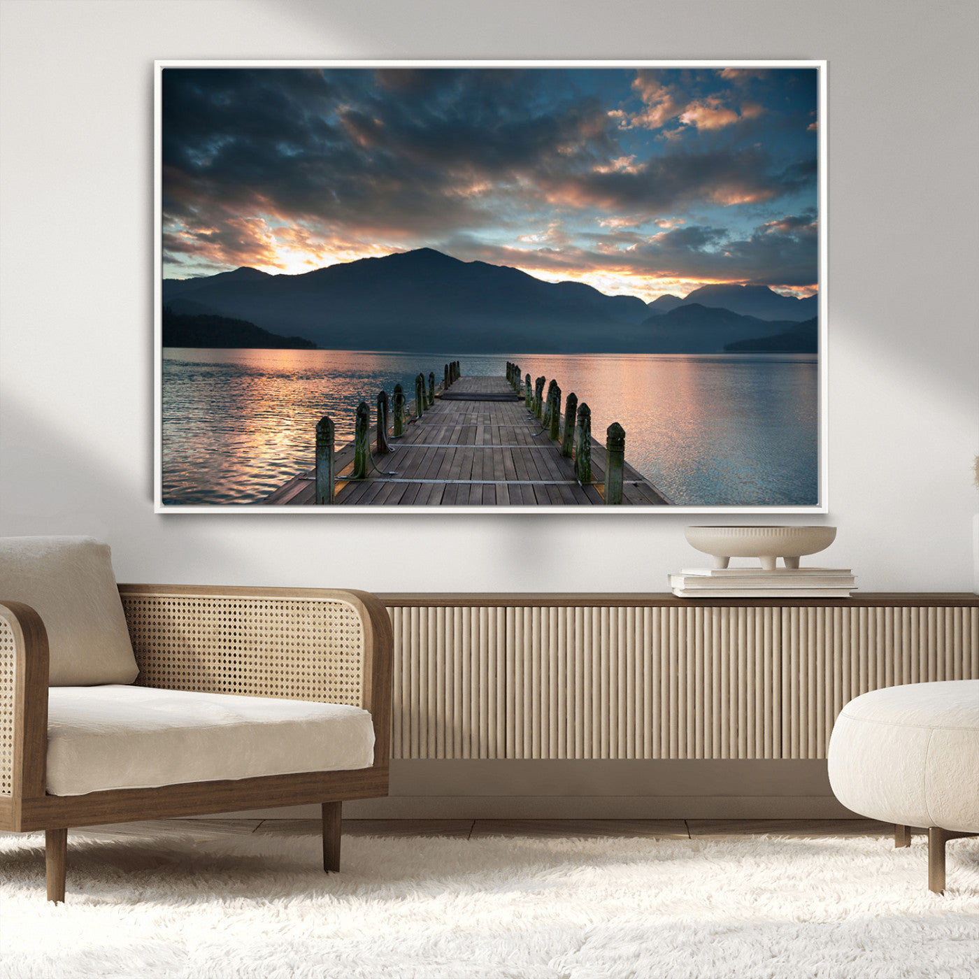MGV-FC-36X24 - Mountain Lake Wood Pier Canvas Wall Art Nature Lake Print