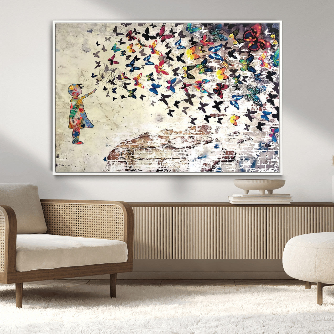 MGV-FC-36X24 - Banksy Wall Art - Banksy Girl Butterfly Graffiti Wall Art Canvas Print - Butterfly Girl and Freedom Flight - Vibrant Street Art Print