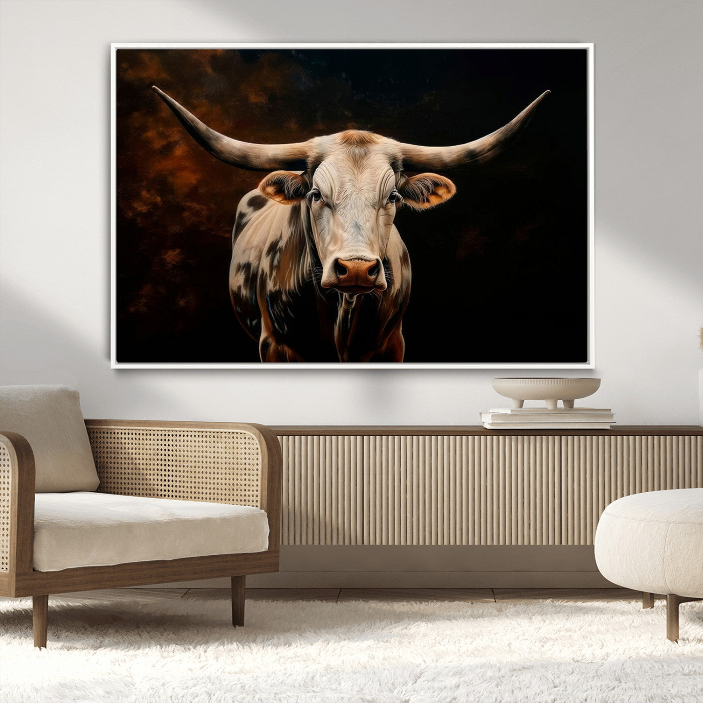 MGV-FC-36X24 - Texas Longhorn Wall Art | 3-Panel Large Texas Longhorn Canvas Print for Living Room, Office, or Farmhouse Decor | Framed Giclee Longhorn Wall Art