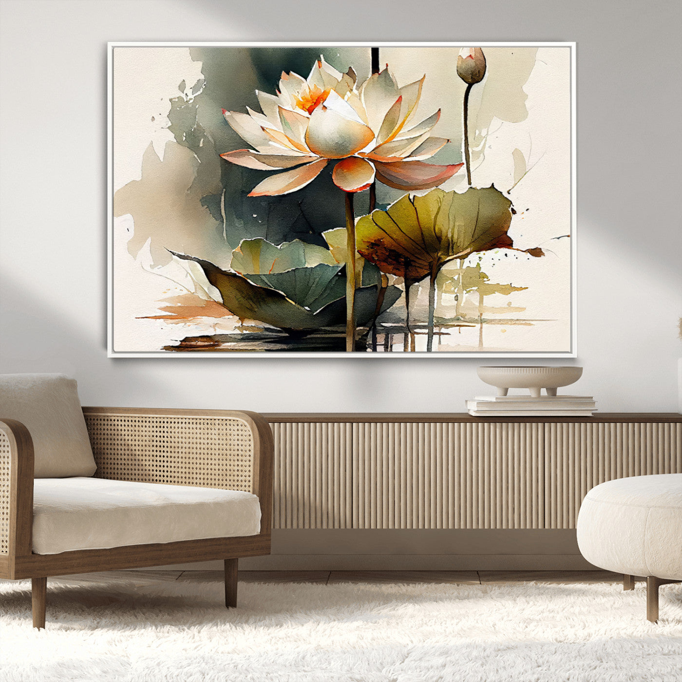 MGV-FC-36X24 - Lotus Flower Watercolor Canvas Print – A Symbol of Serenity and Growth, Captured in Soft Watercolors – Contemporary Wall Art for Tranquil Spaces