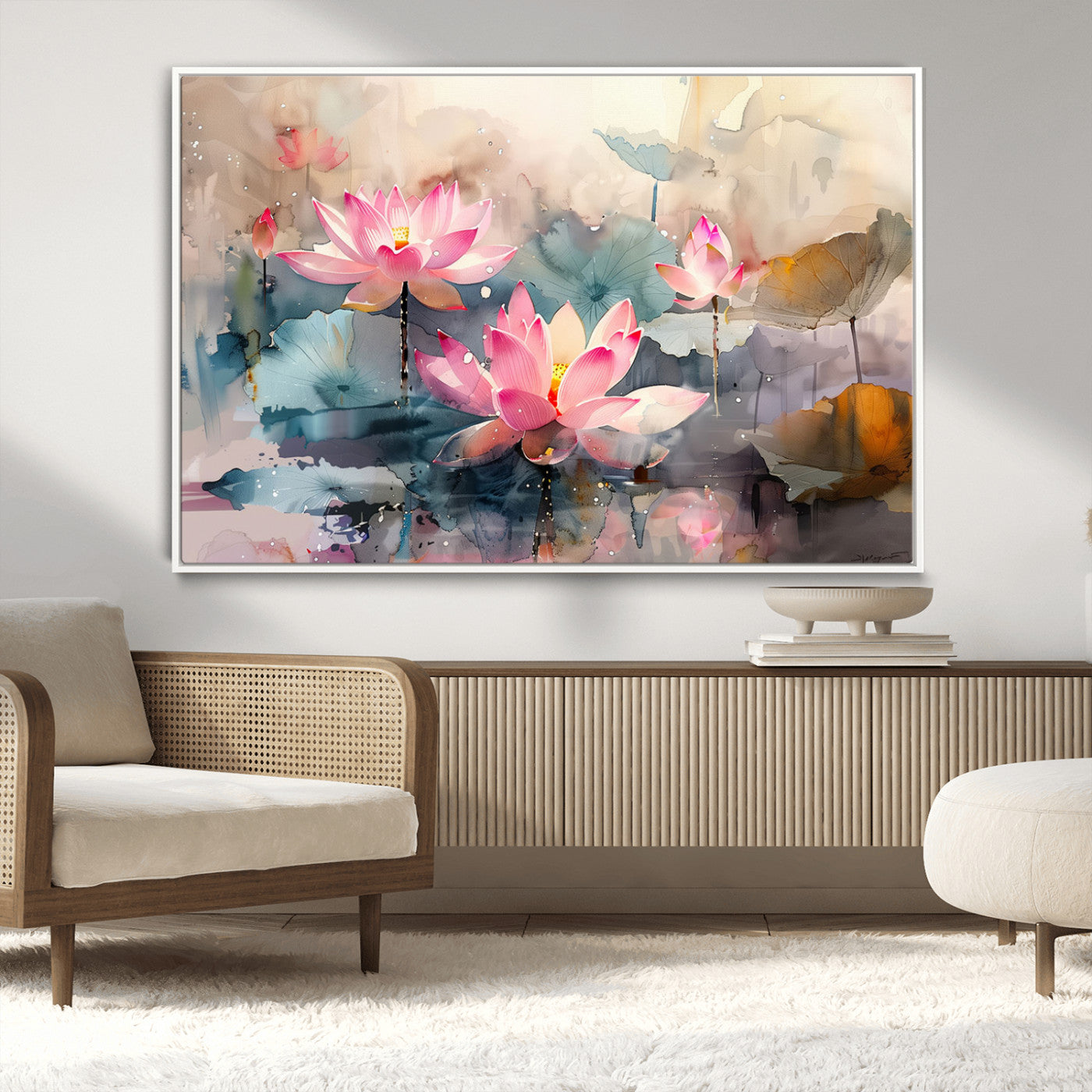 MGV-FC-36X24 - Lotus Flower Wall Art | 3-Panel Giclee Canvas Print of Pink Lotus Blossoms for Living Room, Bedroom, Office | Framed Lotus Floral Wall Art Decor Print