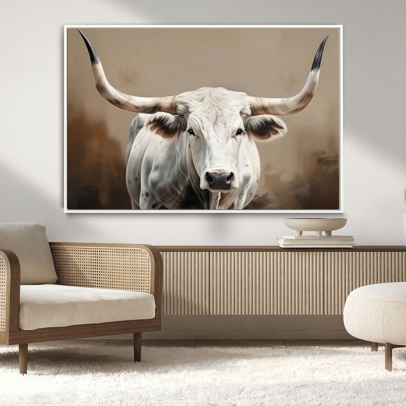 -White Longhorn Bull Wall Art Canvas Print – Framed and Ready to Hang – Perfect for Farmhouse and