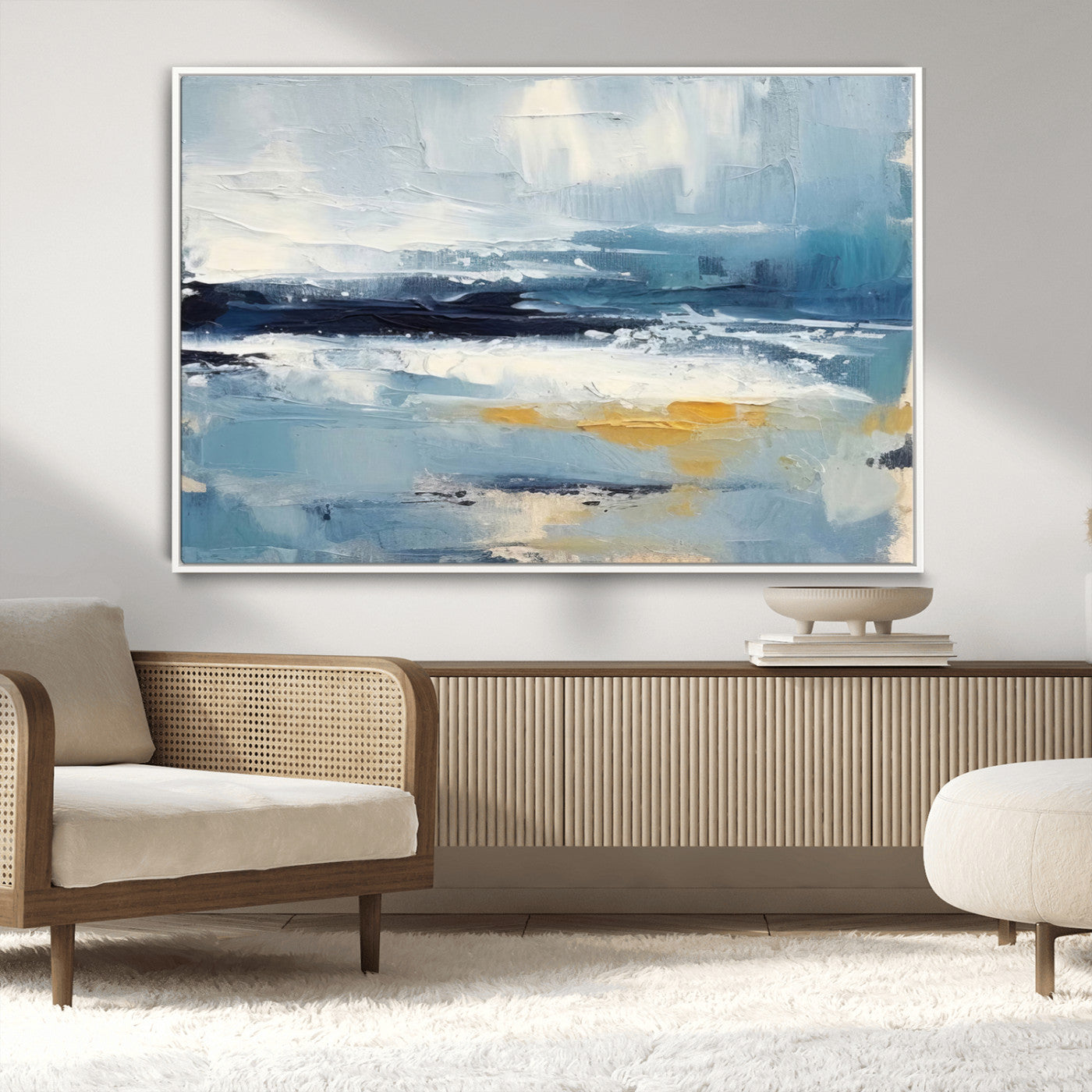 MGV-FC-36X24 - Abstract Ocean Canvas Wall Art - Coastal Blue and Gold Textured Painting, Modern Seascape Decor for Living Room Decor