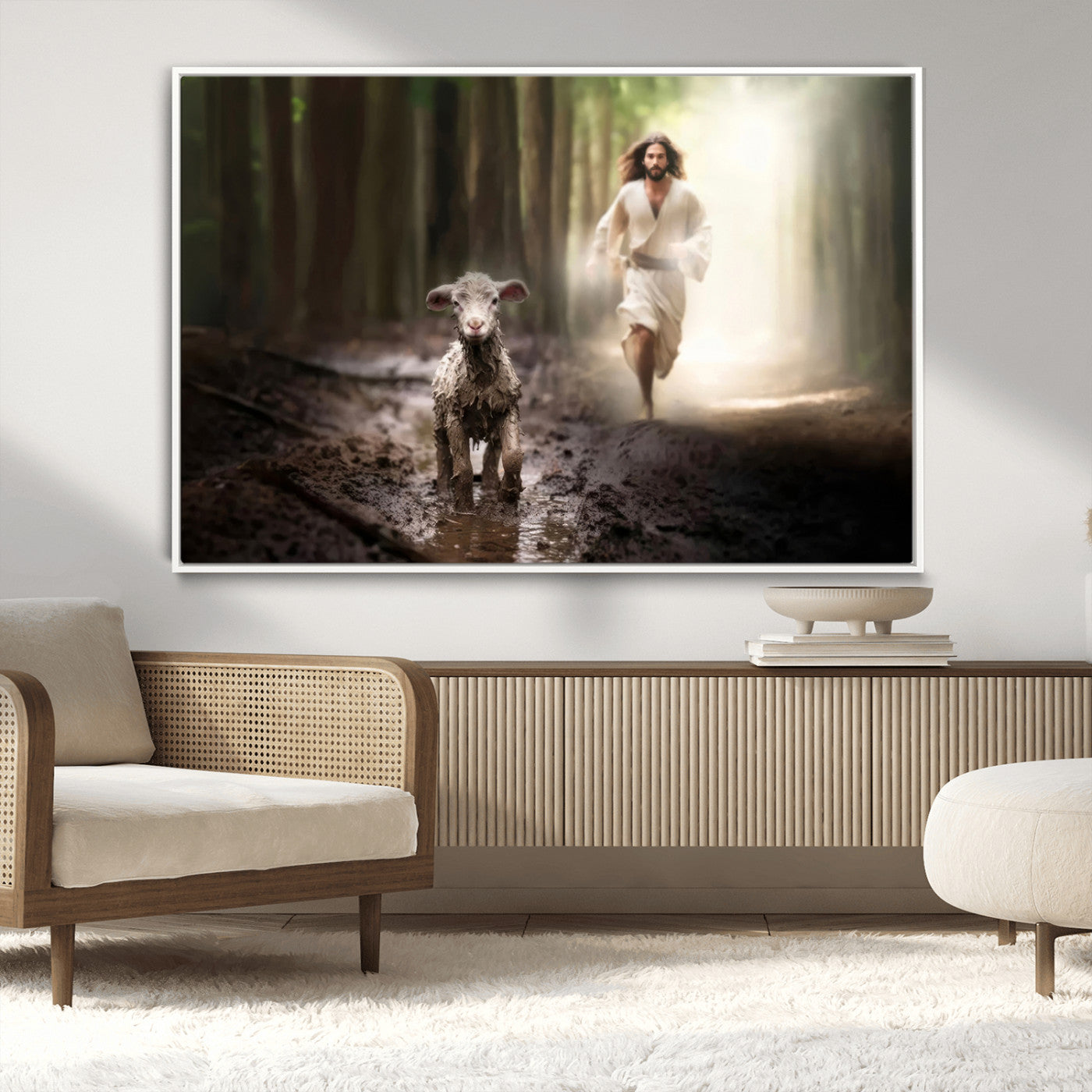 MGV-FC-36X24 - Jesus Canvas Wall Art - Jesus Running After Lost Lamb, Jesus, Christian Home Decor - Church Wall Art