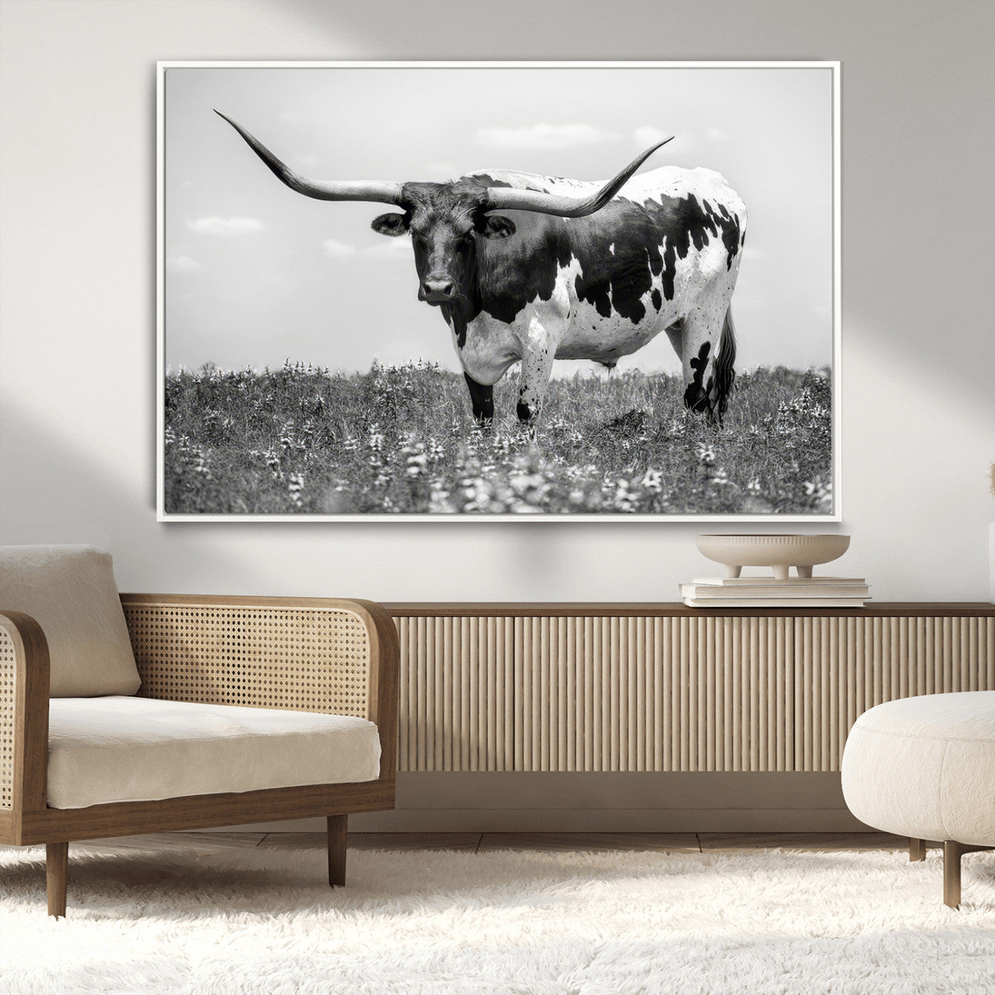 -Texas Black White Highland Longhorn Cow Wall Art Canvas Print