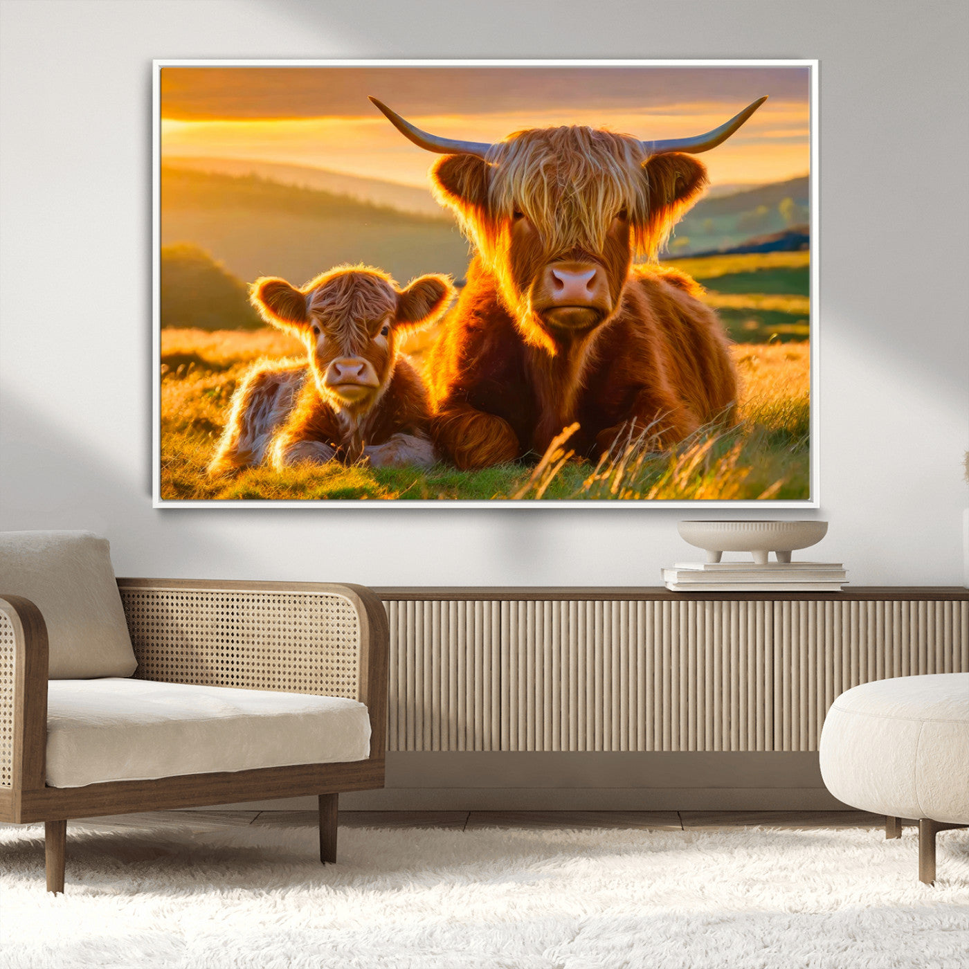 -Scottish Cow and Baby Cow Canvas Wall Art Animal Print Fluffy Cattle Framed Farmhouse Decor