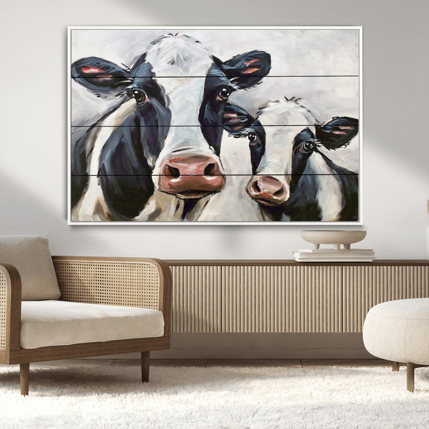 -Vintage Baby and Mom Cattle Wall Art Canvas Print