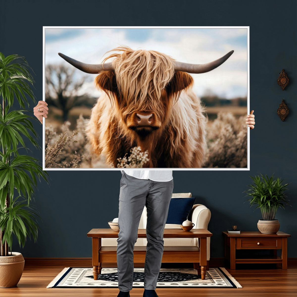55903-_Poster-30x20 - Scottish Cow Longhorn Wall Art Canvas Print