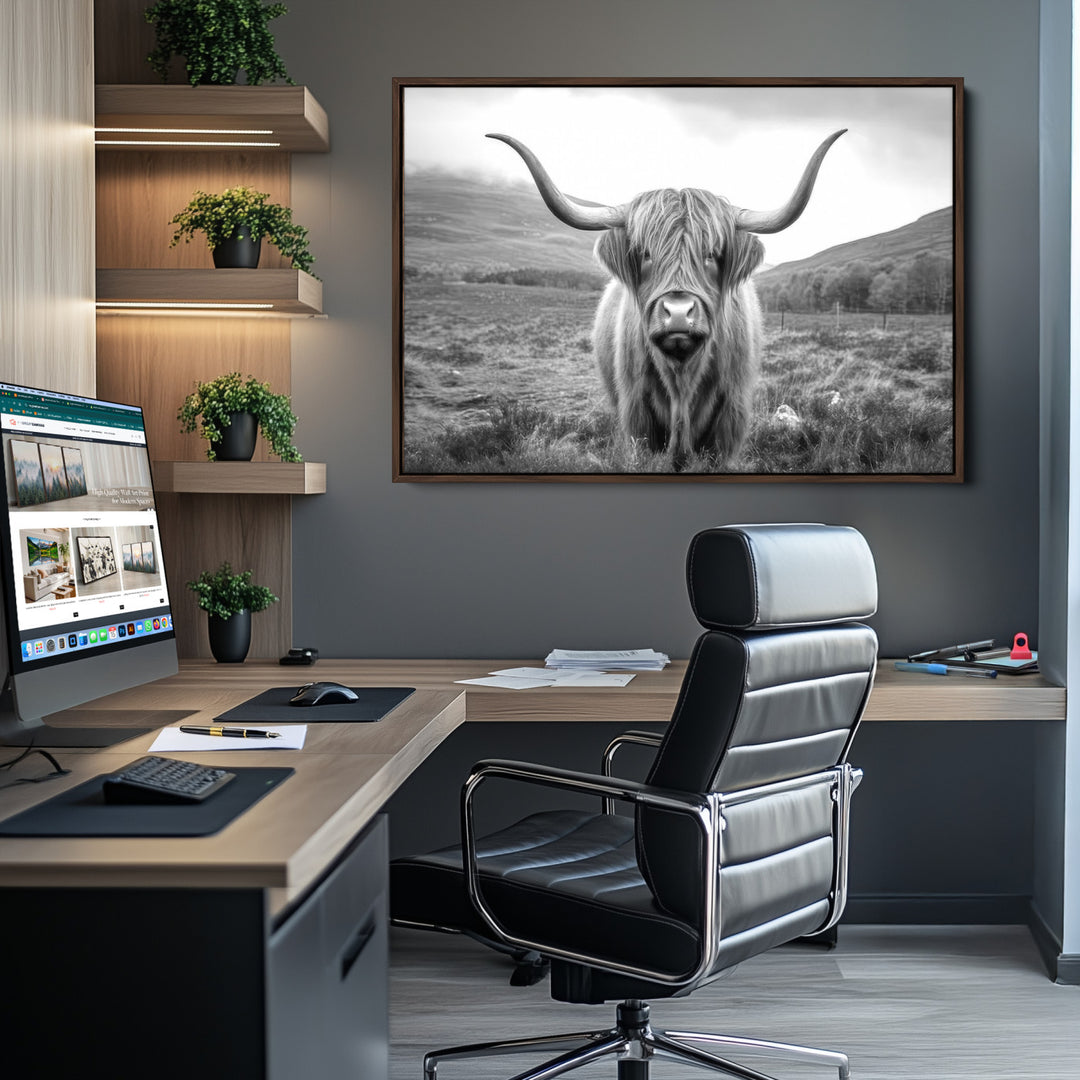 Black White Scottish Highland Cow Canvas Farm Wall Art Canvas Print