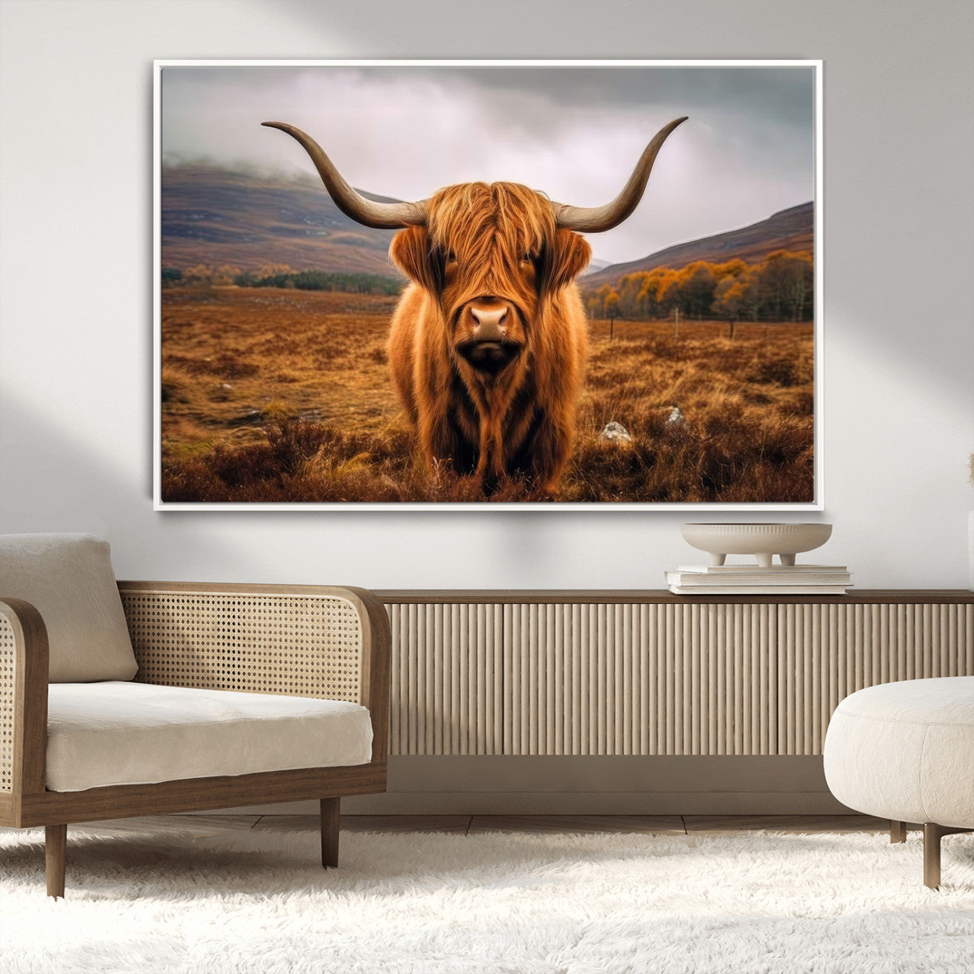 -Highland Cow Longhorn Wall Art – Rustic Canvas Print, Framed and Ready to Hang for Farmhouse Décor