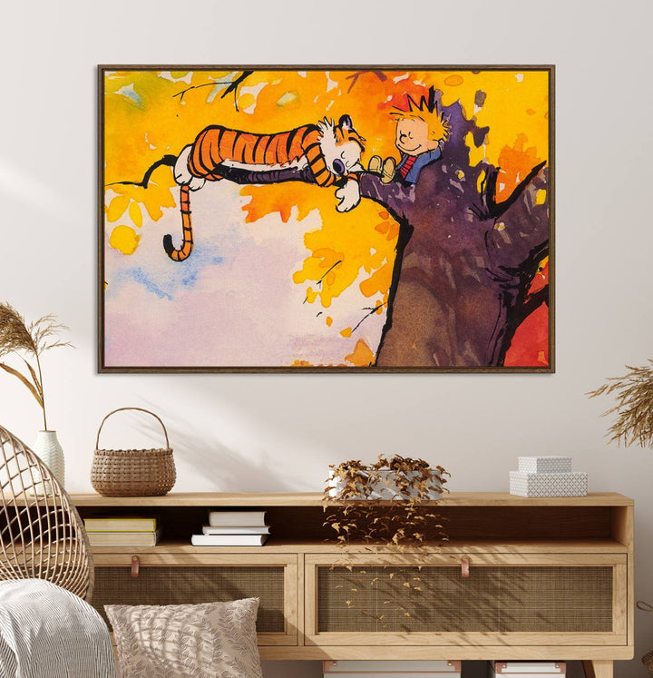 Premium canvas Calvin Wall Arts featuring a boy and tiger relaxing on a branch.