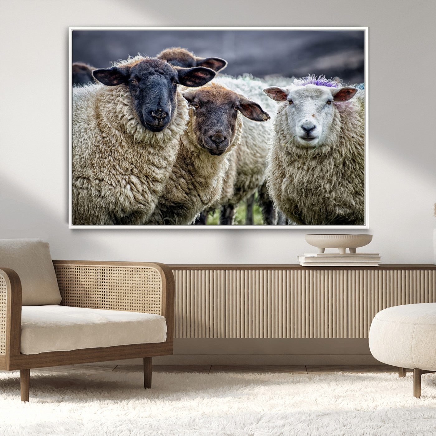 -Charming Sheep Portrait Wall Art – Trio of Woolly Companions Canvas Print, Framed, Ready to Hang