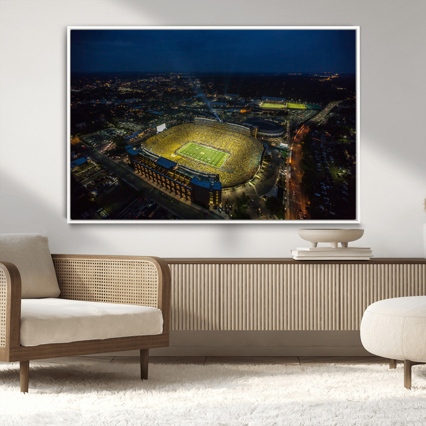 MGV-FC-36X24 - Michigan Stadium Night Game Wall Art – Sports Arena Aerial View Canvas Print, Framed, Ready to Hang