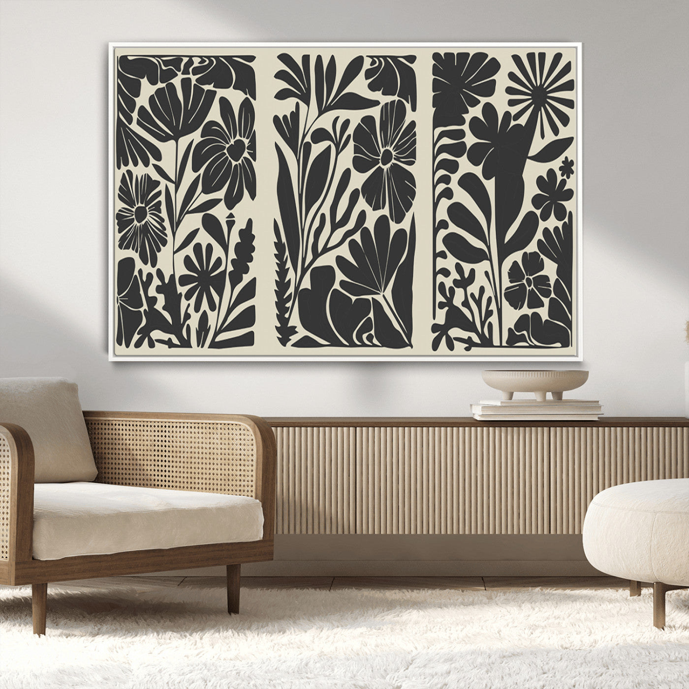 MGV-FC-36X24 - Modern Botanical Wall Art - Floral Black and White Canvas Print, Framed, Ready to Hang