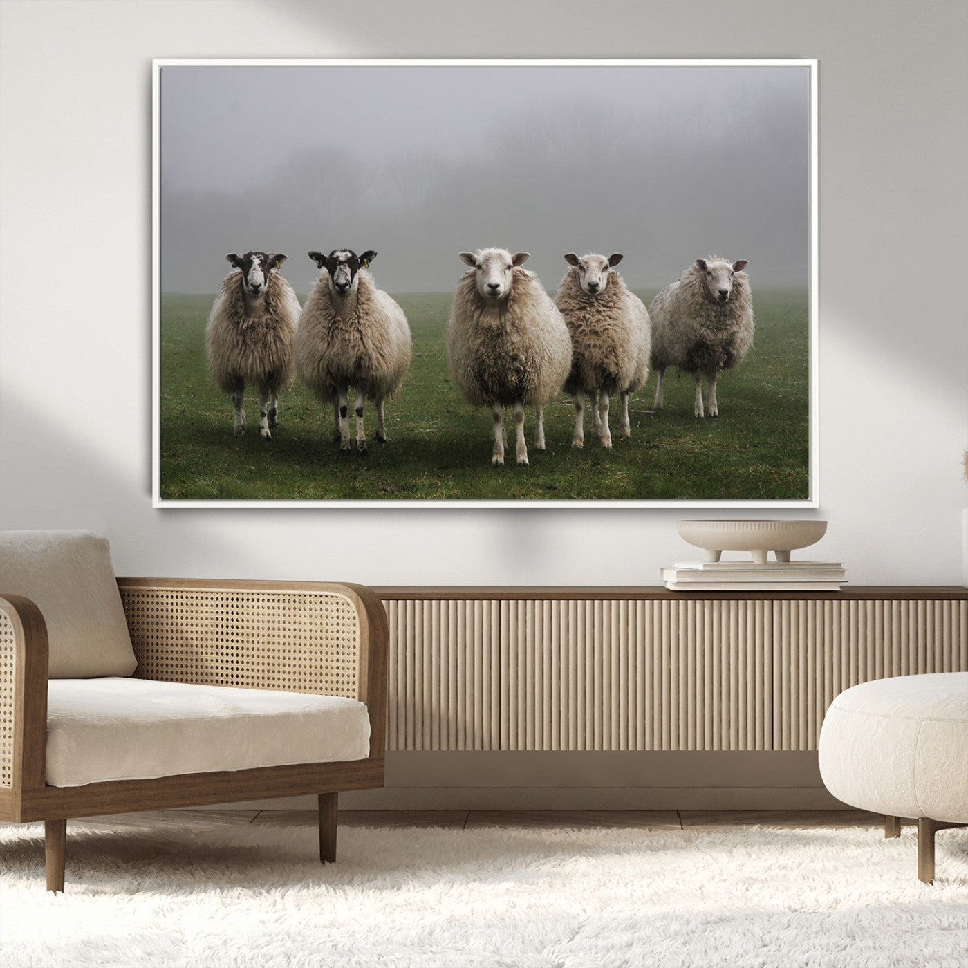 -Flock of Sheep in a Mystical Fog – Pastoral Wall Art Canvas Print, Framed, Ready to Hang