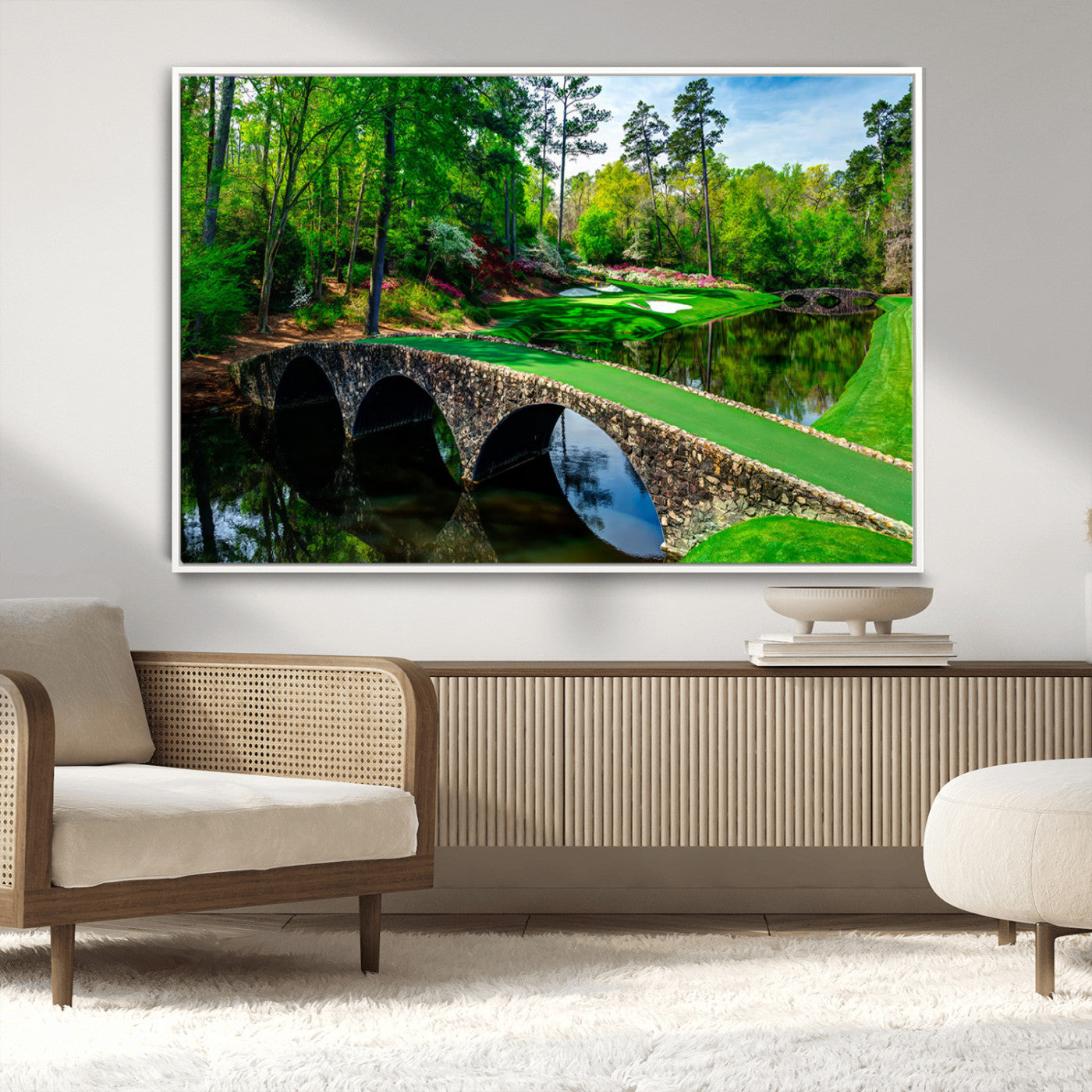 MGV-FC-36X24 - Augusta National Golf Club Wall Art - Panoramic Bridge & Lush Greenery – Premium Framed, Ready-to-Hang Triptych Canvas